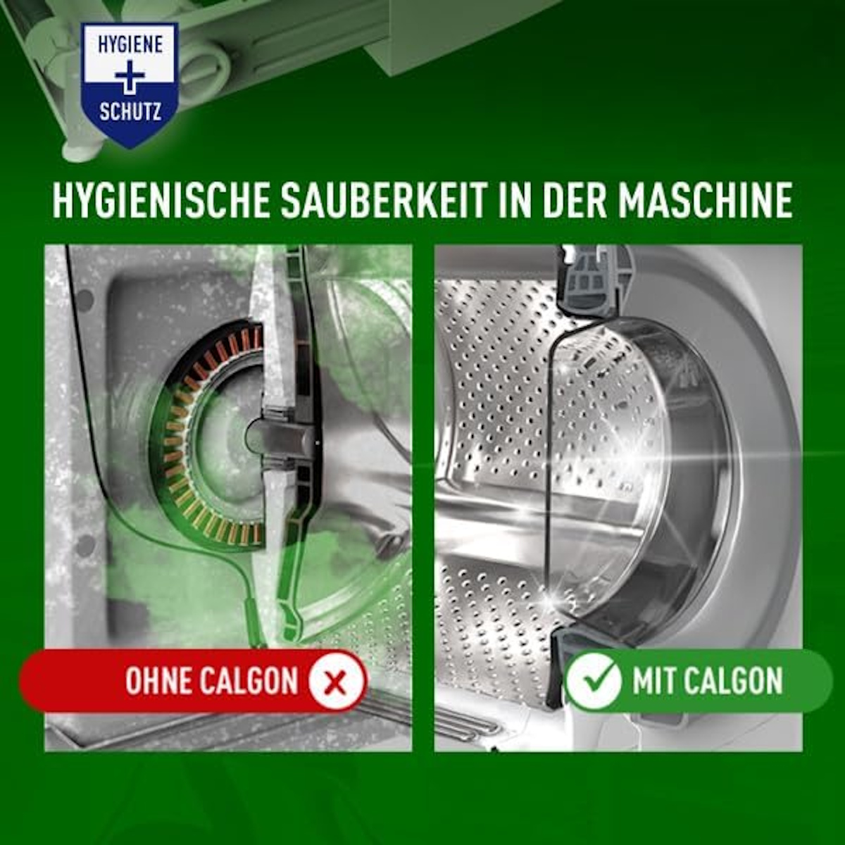 Vergleich der Trommel einer Waschmaschine: links mit Ablagerungen, rechts sauber.