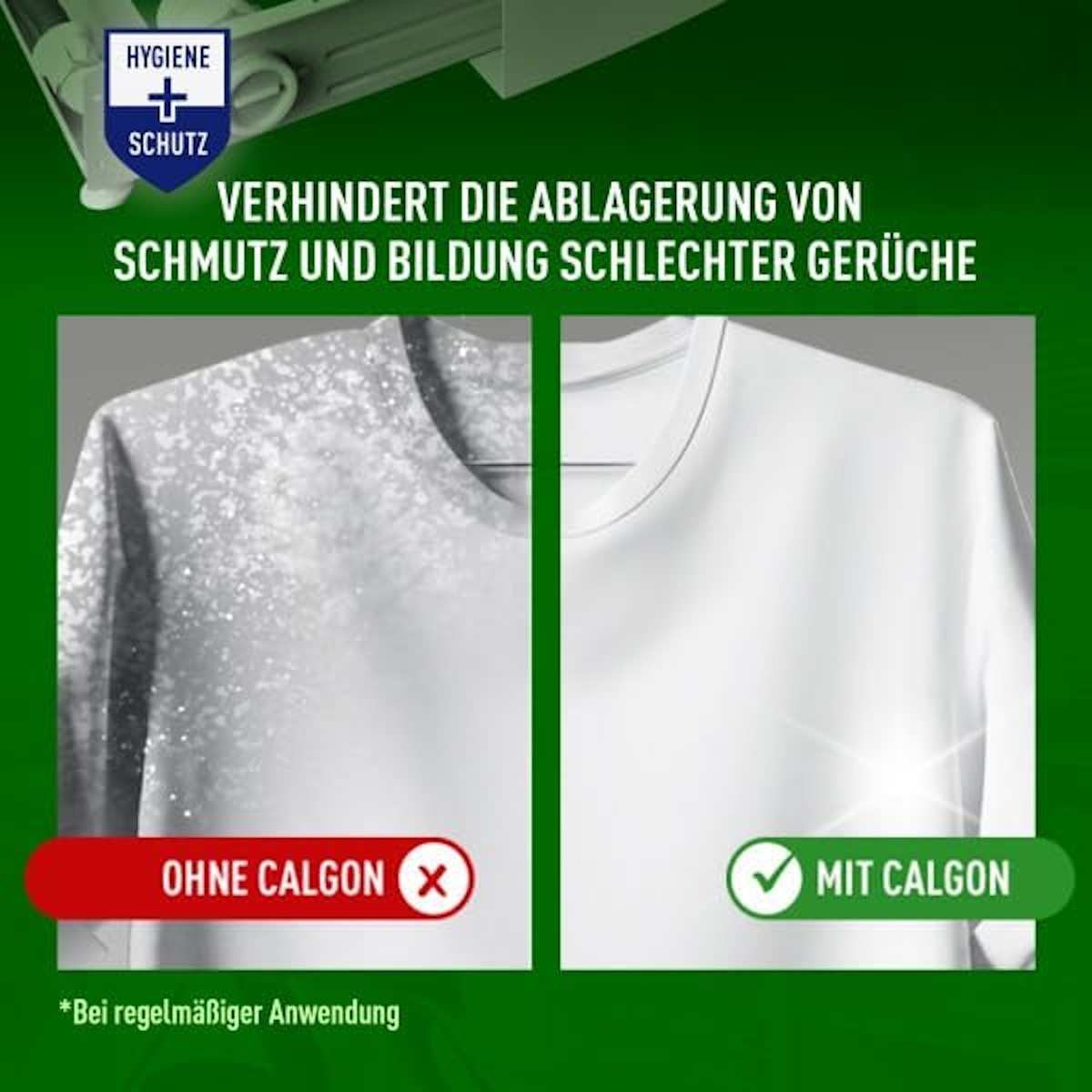Vorher/Nachher-Vergleich von Wäsche mit und ohne Calgon. Links schmutzig, rechts sauber.