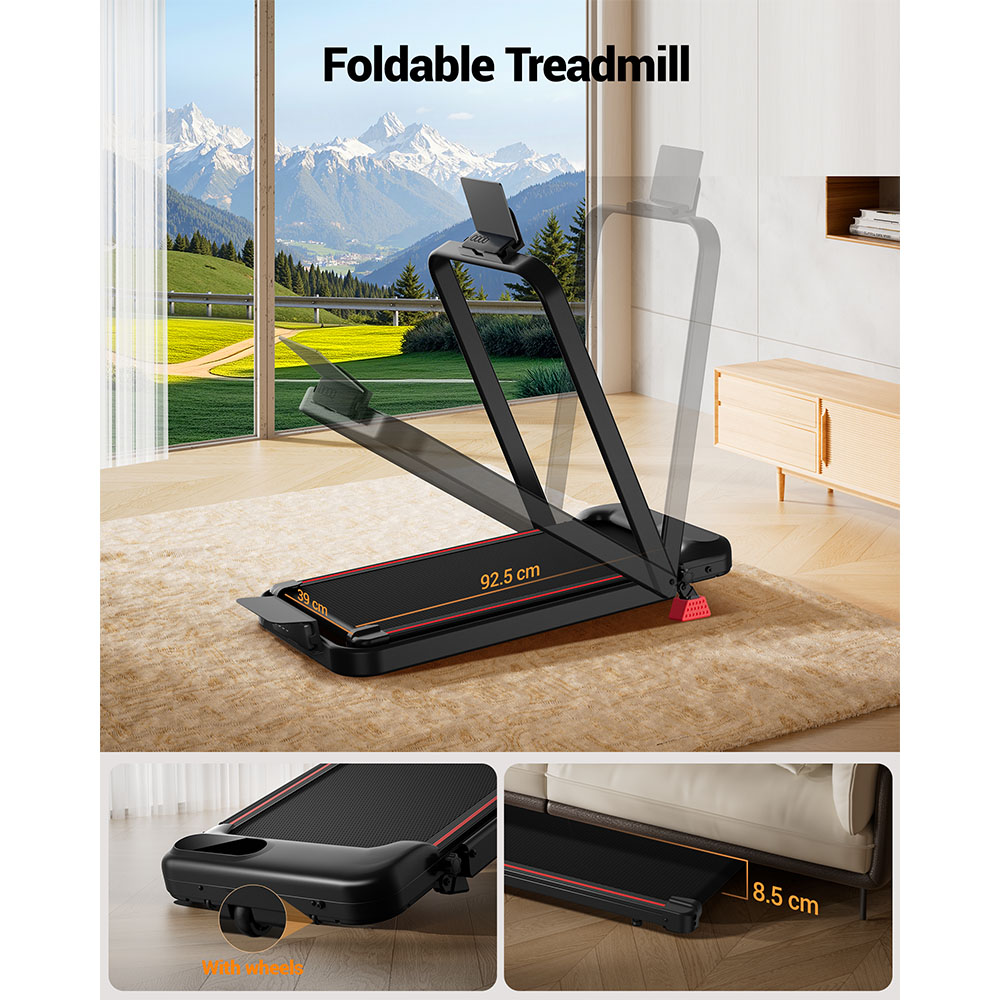 Una cinta de correr plegable con soporte para tableta se muestra en una habitación luminosa.