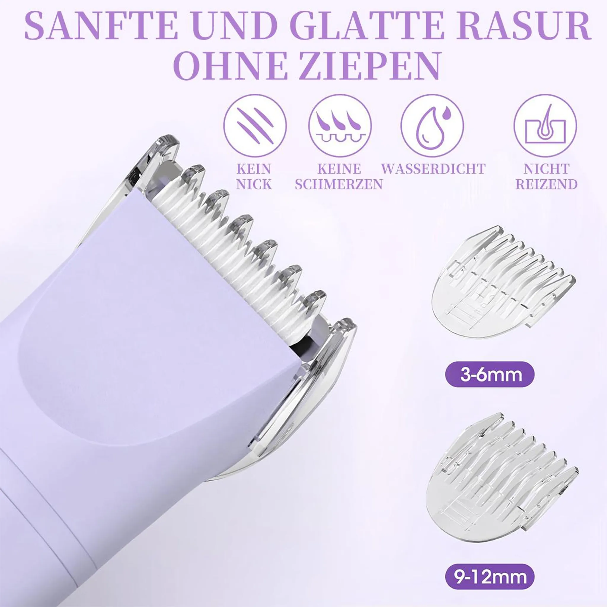 Ein violetter Trimmer mit Aufsätzen, der sanfte und schmerzfreie Rasur verspricht.