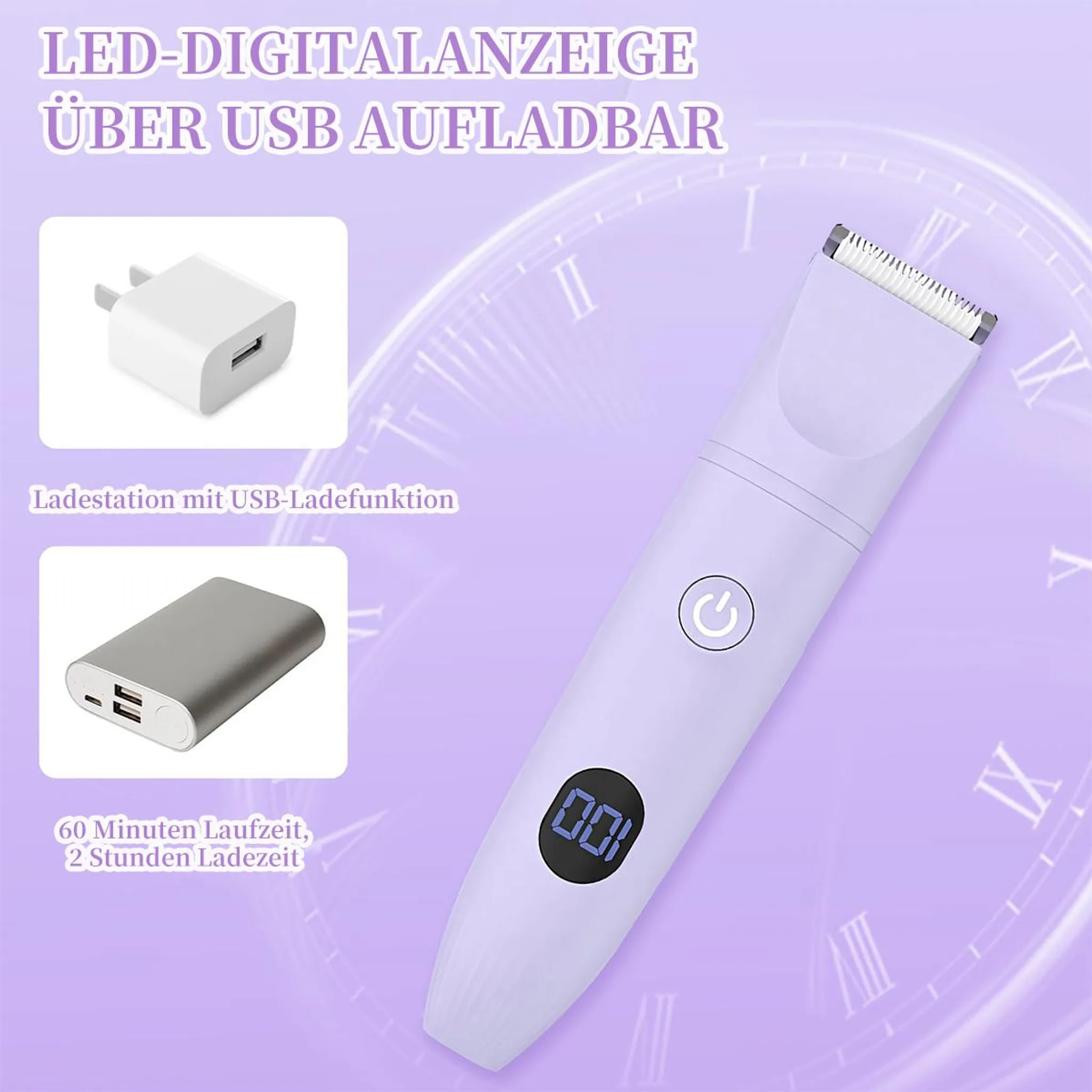 Ein violetter Haarschneider mit digitaler Anzeige, USB-Ladegerät und Powerbank.