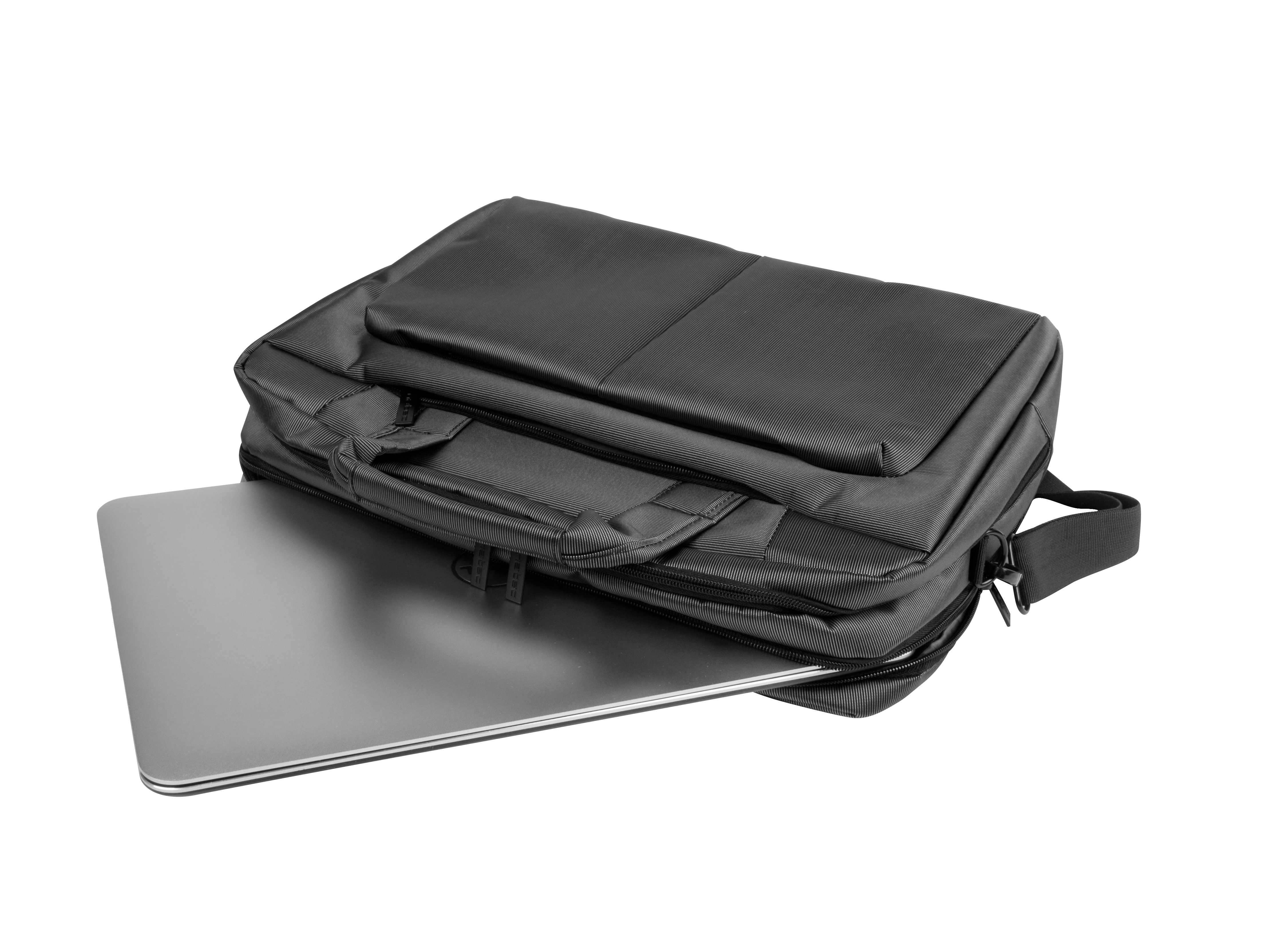 Borsa nera per laptop con scomparto aperto, laptop parzialmente visibile.