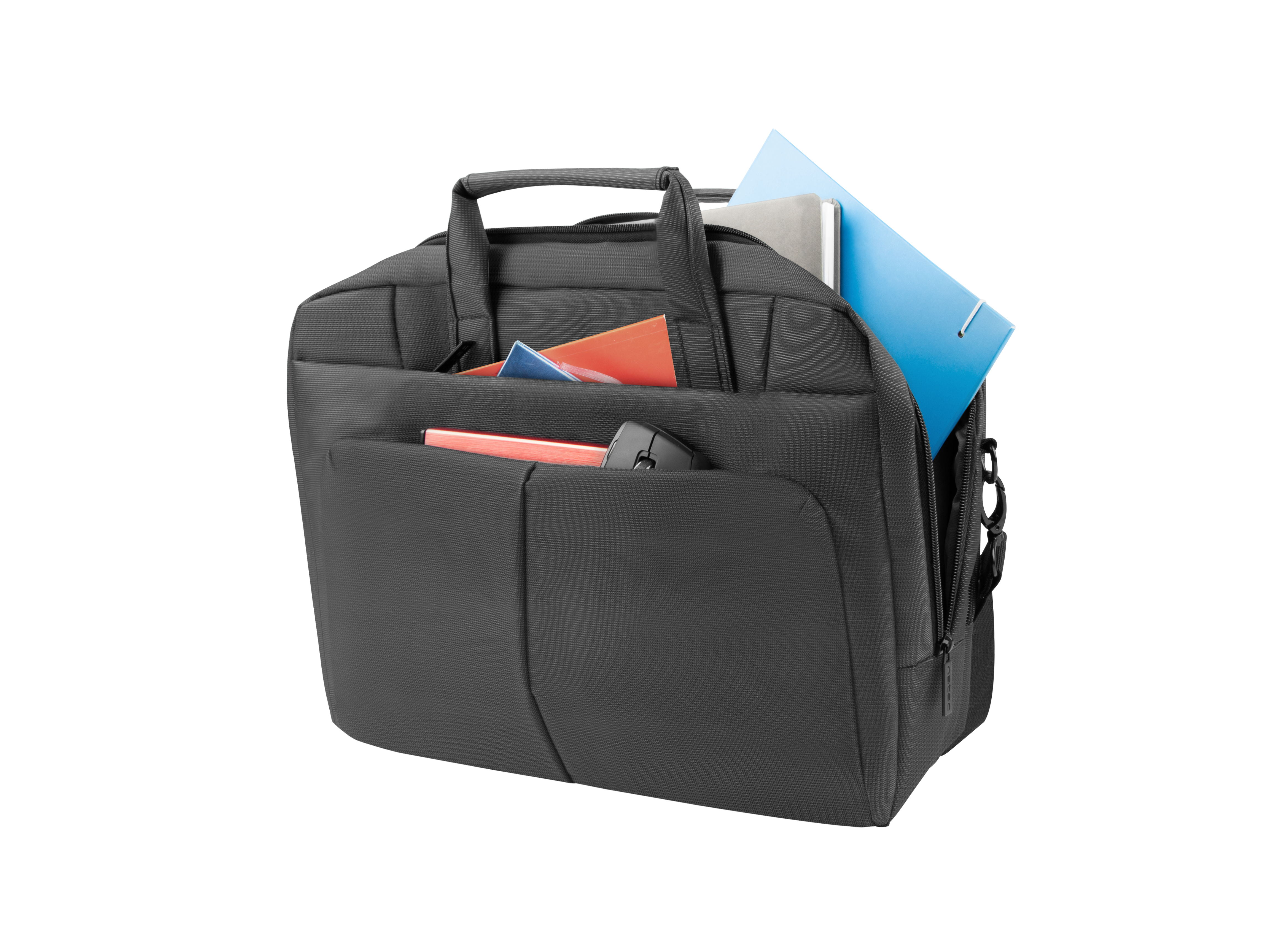 Borsa nera per laptop con libri, cartelle e mouse.