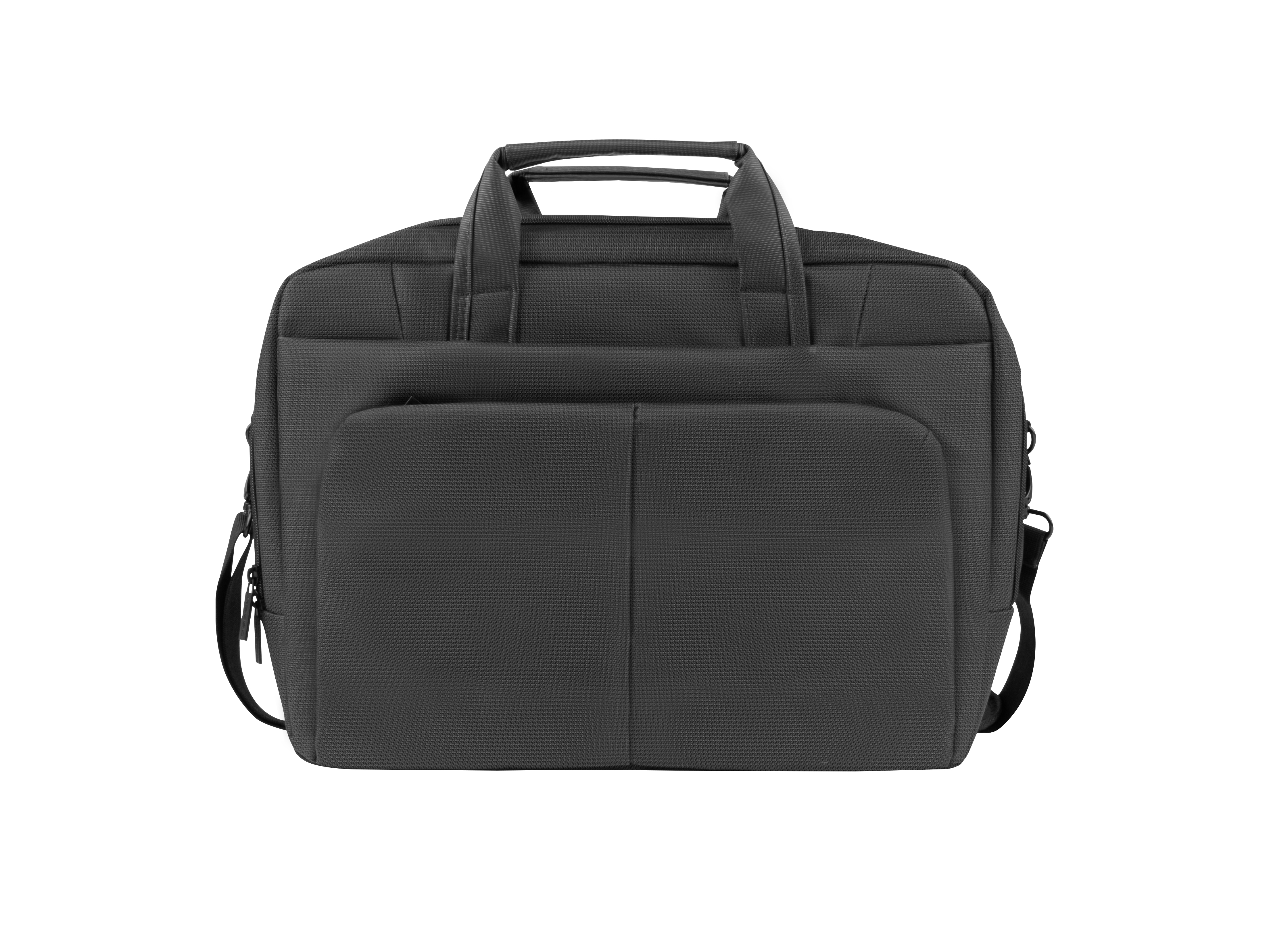 Una borsa nera con due manici e una tracolla.