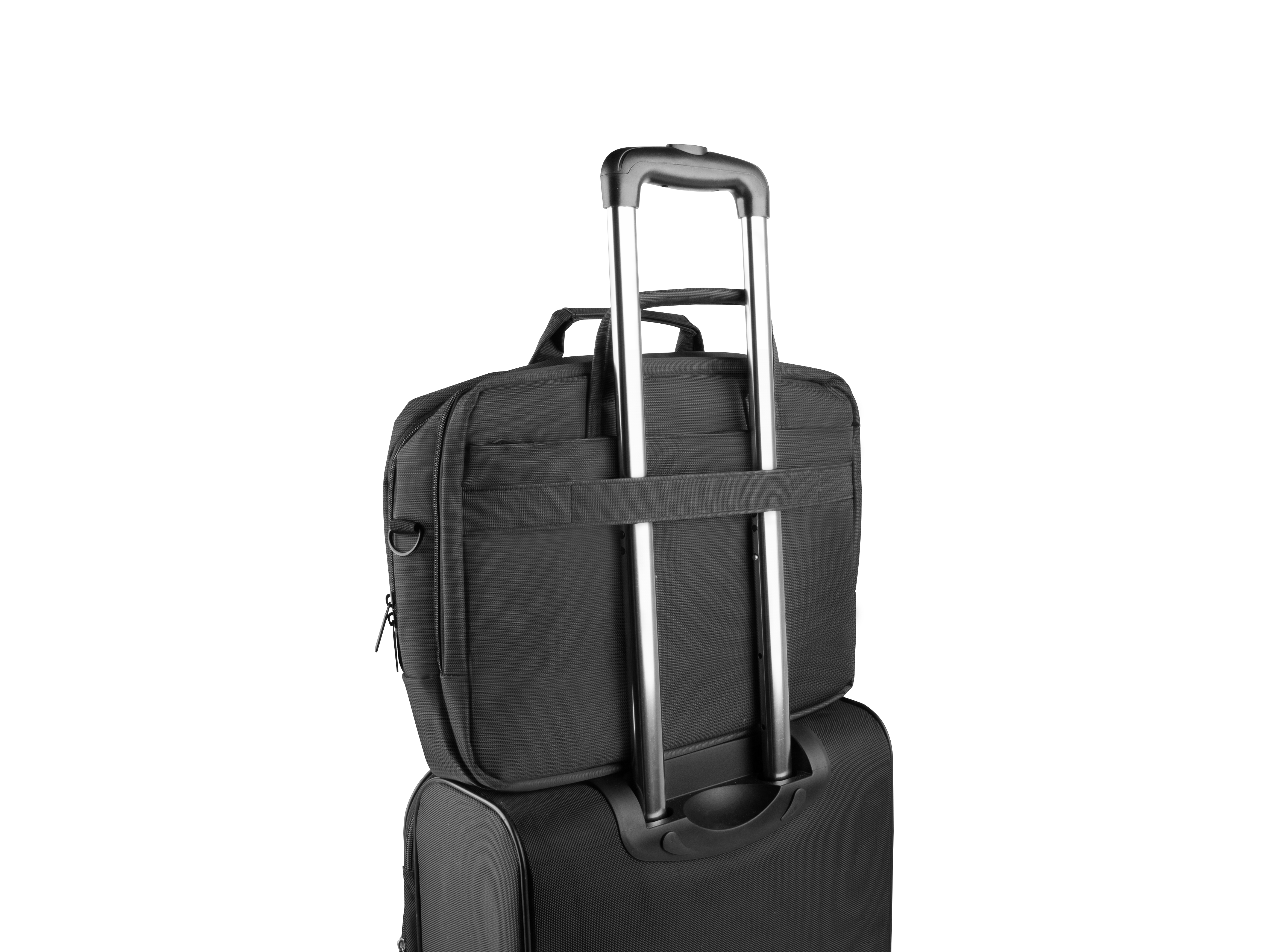 Borsa nera per laptop su un trolley nero con manico argentato.