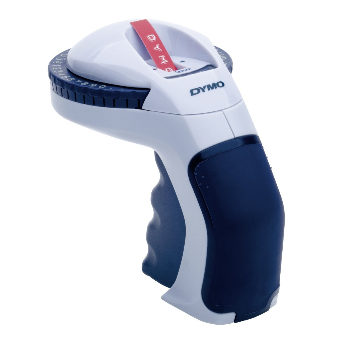 Una etichettatrice DYMO bianca e blu navy con manico.