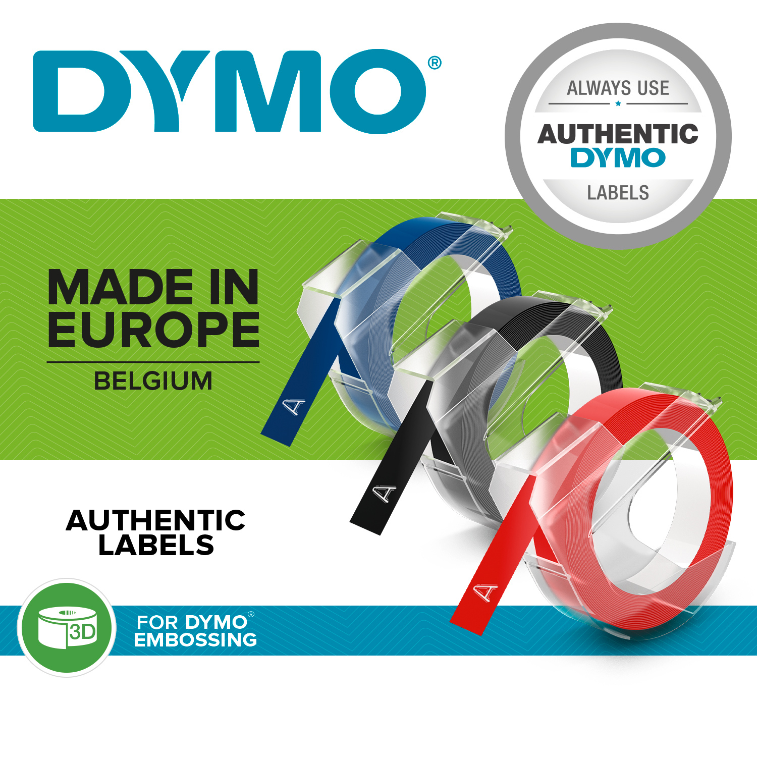 Nastri per etichette DYMO blu, neri e rossi su sfondo verde.