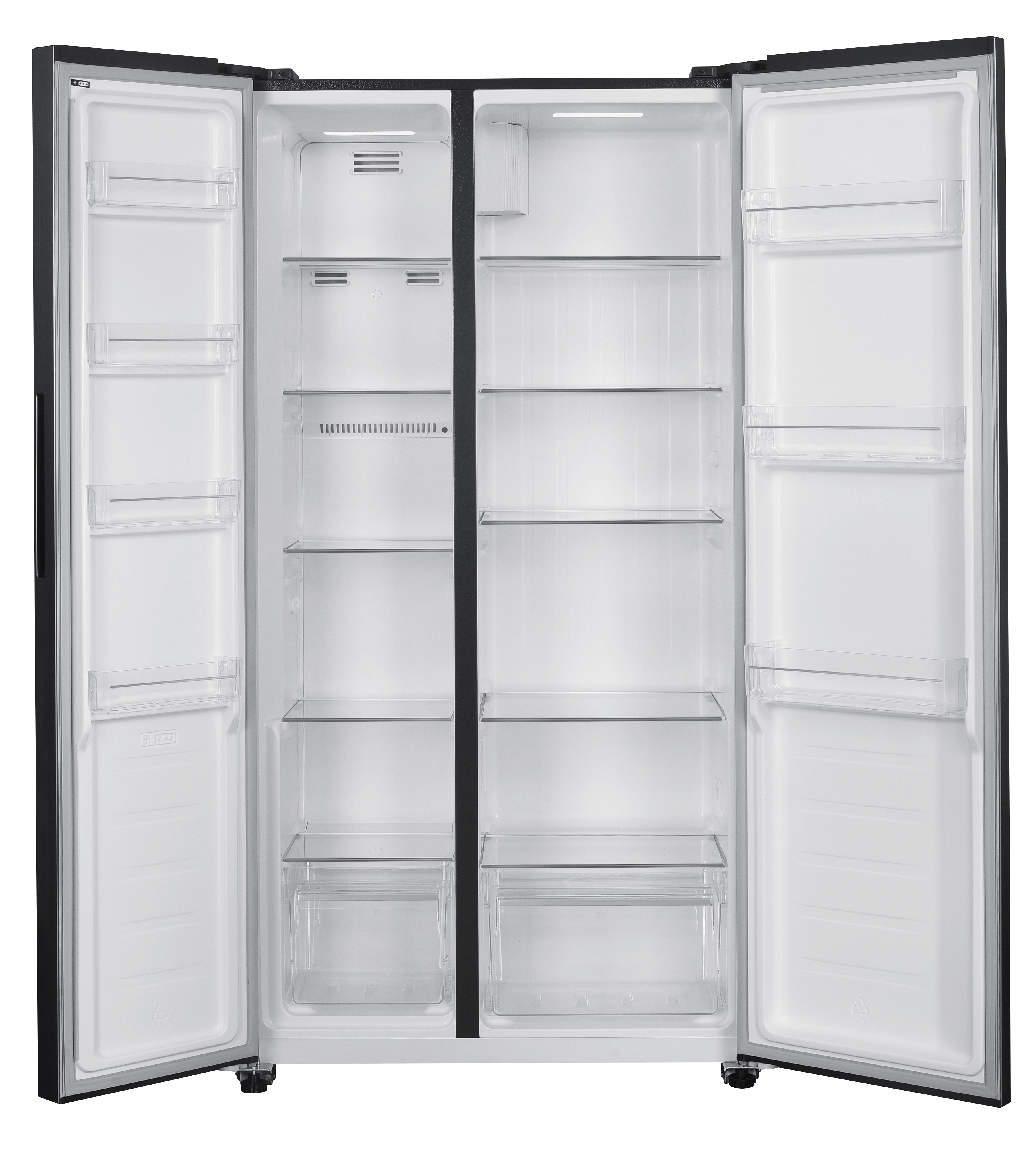 An empty black refrigerator with its two doors opened, showing shelves.