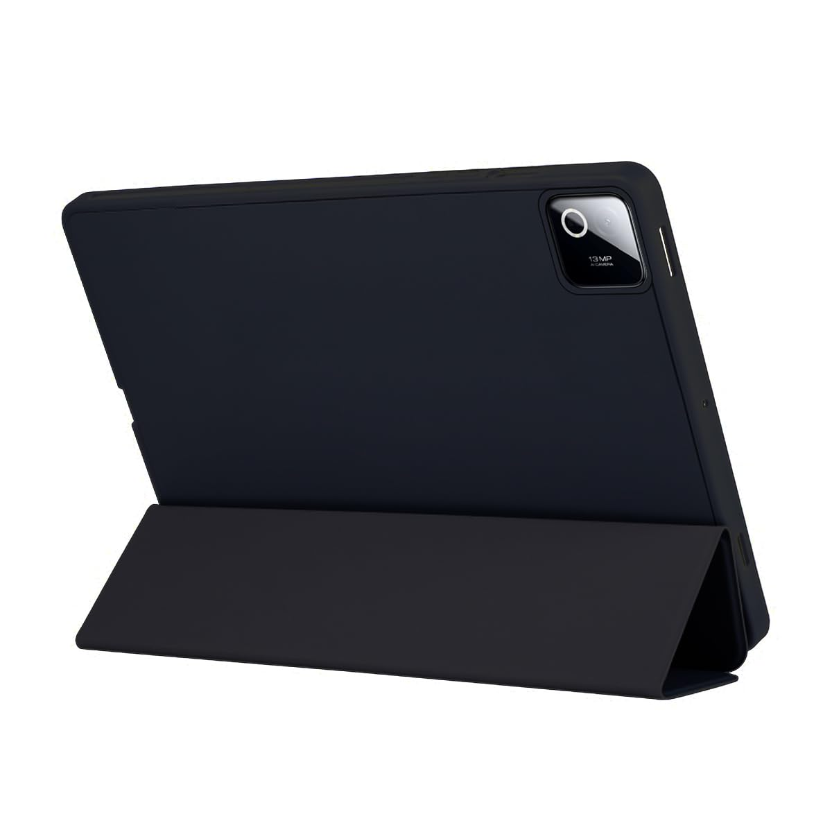 Una tableta negra con funda, de pie sobre una superficie blanca.