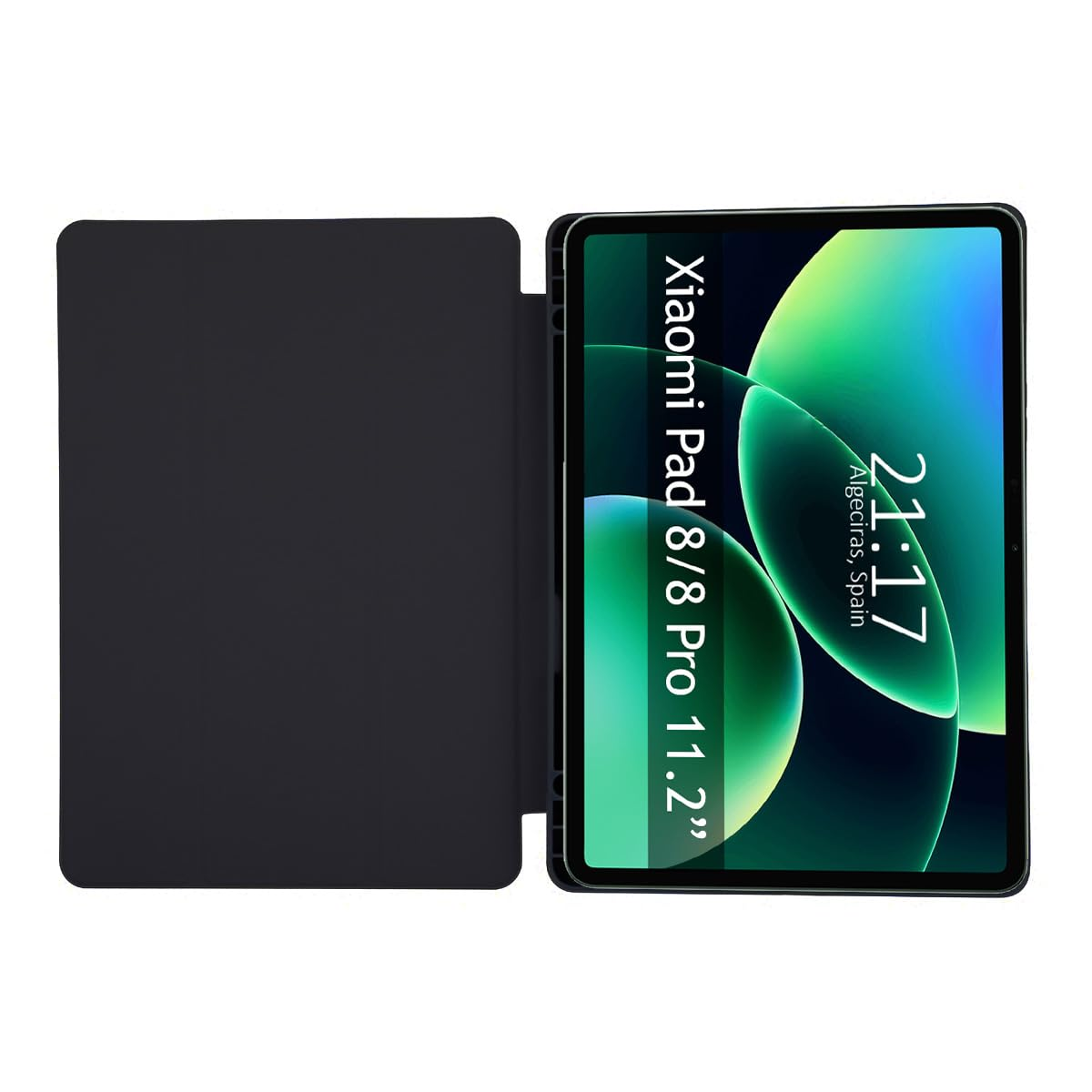 Una tableta negra con funda, que muestra una pantalla con círculos verdes y texto.