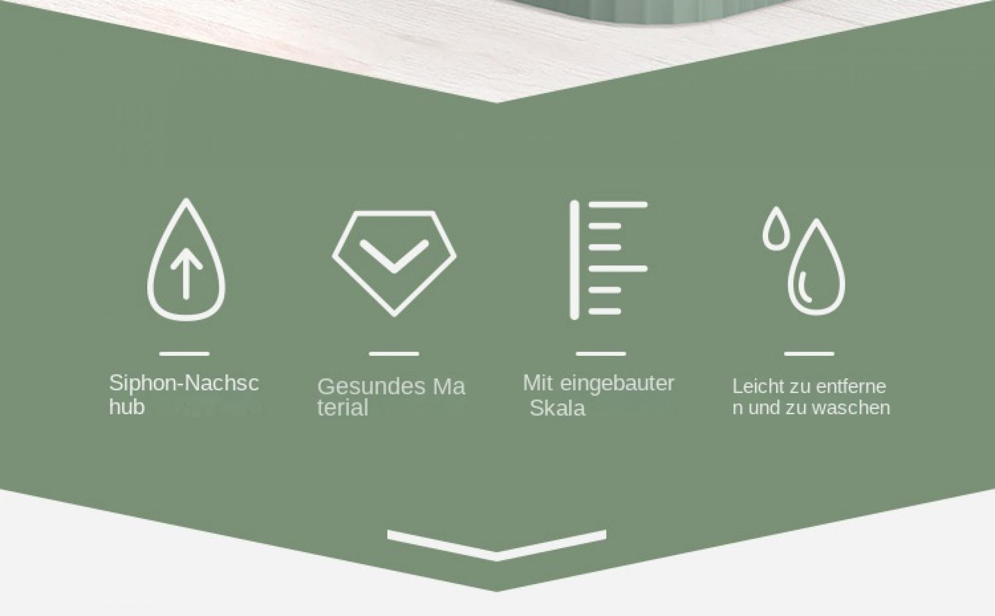 Symbole: Siphon-Nachschub, gesundes Material, eingebaute Skala, leicht zu reinigen.