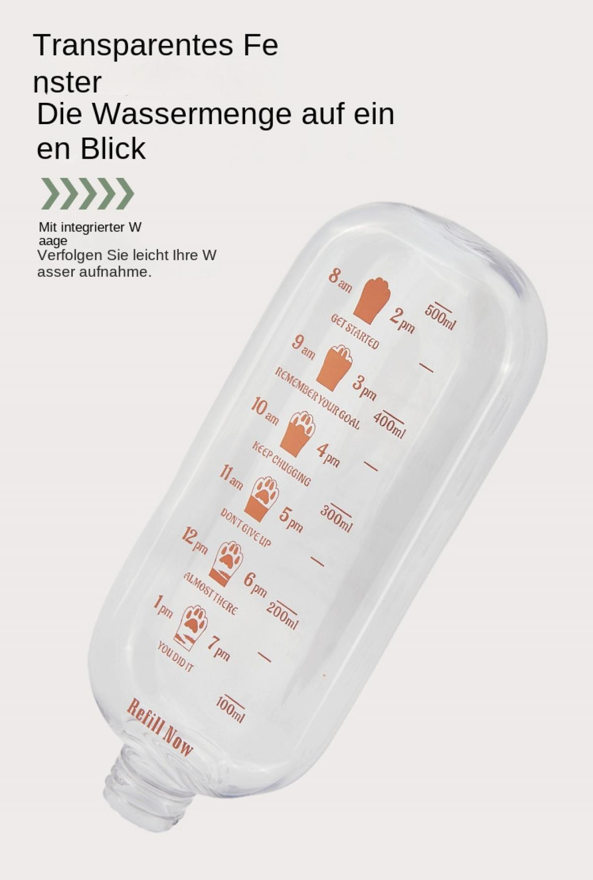 Eine transparente Wasserflasche mit Zeitmarkierungen und motivierendem Text. Jetzt nachfüllen.