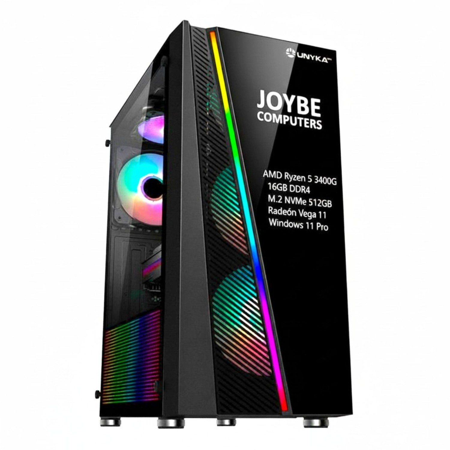PC gamer negro con ventiladores RGB y especificaciones al frente.