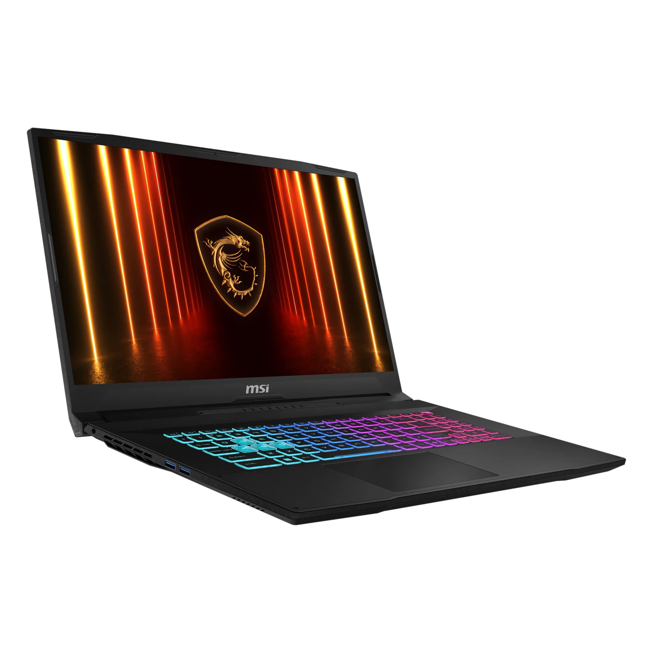 Schwarzer MSI-Gaming-Laptop mit beleuchteter Tastatur und Drachenlogo auf dem Bildschirm.