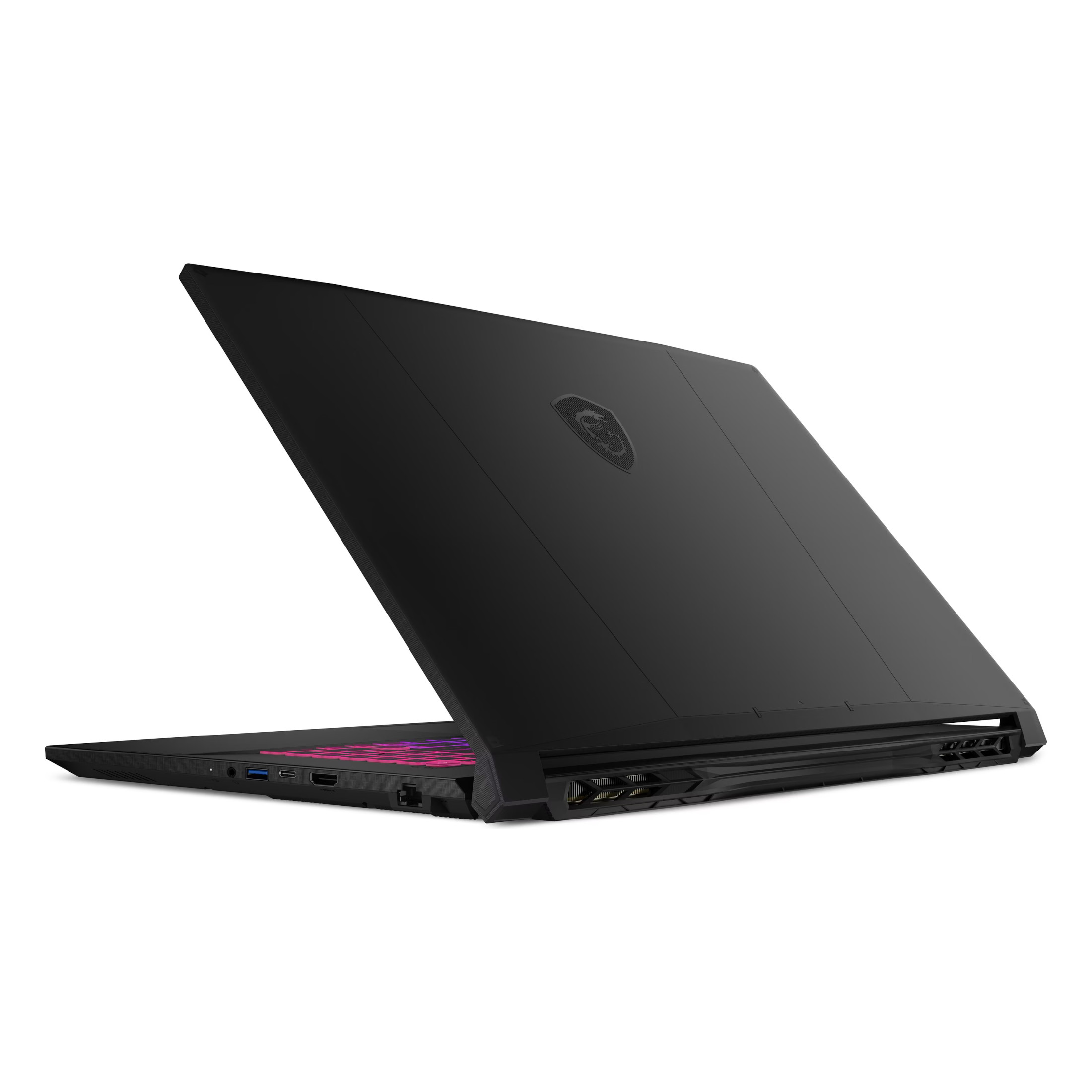 Schwarzer Laptop mit beleuchteter Tastatur und Anschlüssen an der Seite.