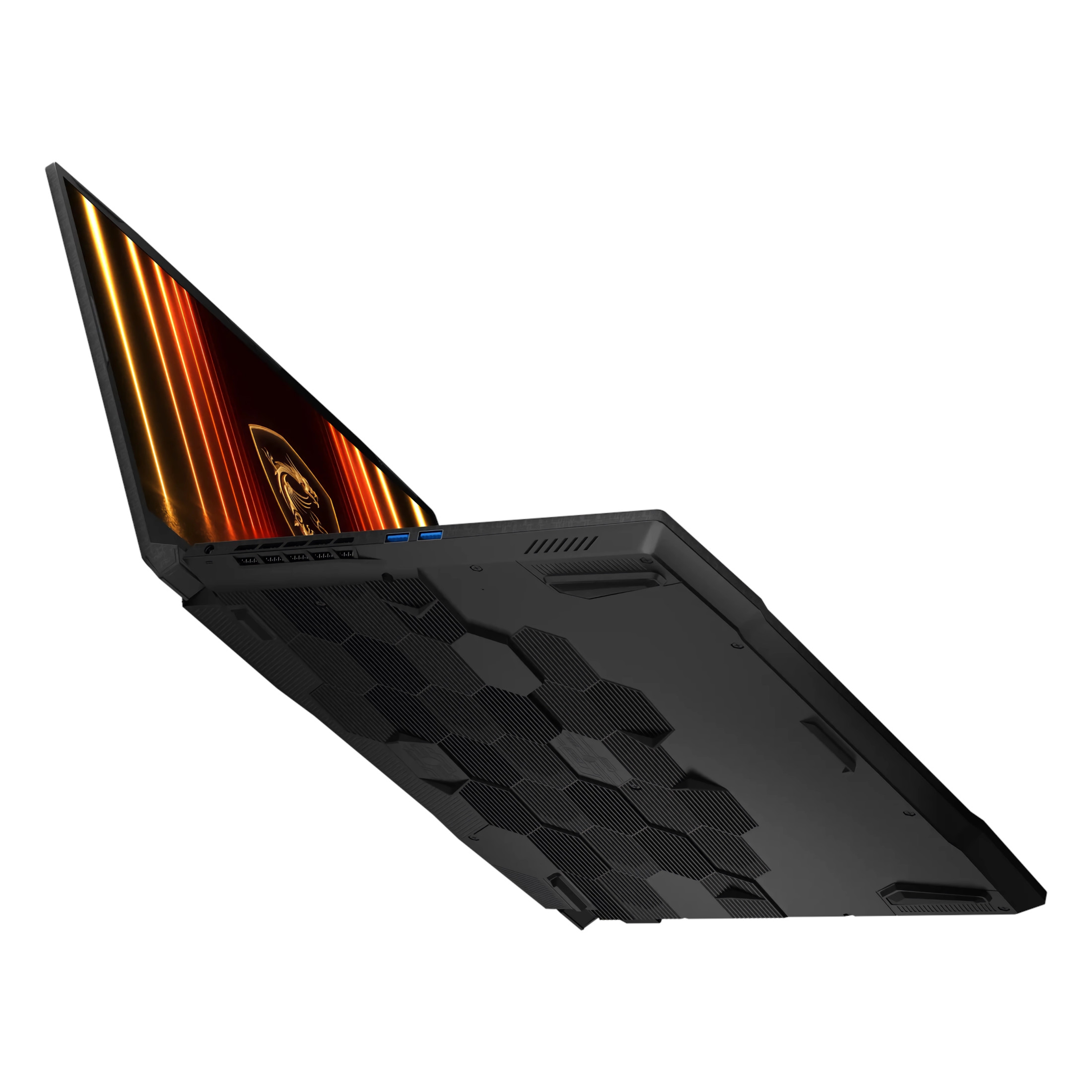 Ein schwarzer Laptop mit beleuchtetem Bildschirm, der ein Logo zeigt.