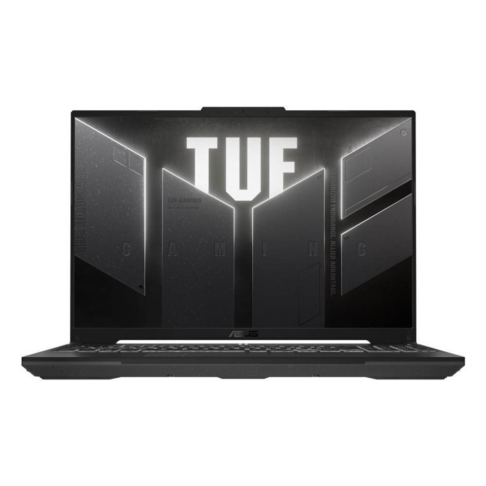 Ekranında TUF Gaming logosu ve beyaz yazılar bulunan siyah dizüstü bilgisayar.