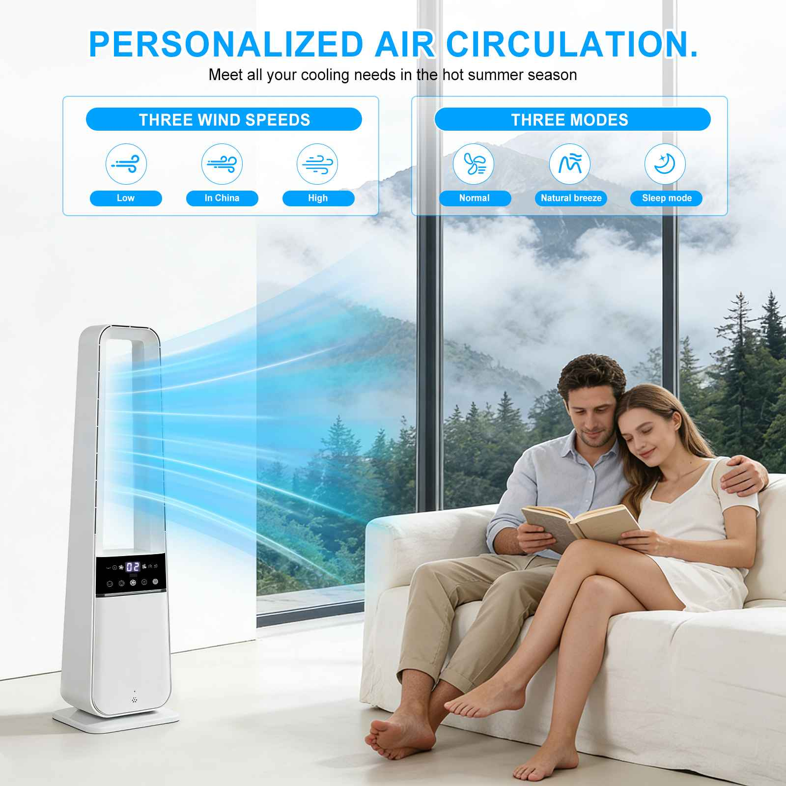 Ein Mann und eine Frau lesen auf einem Sofa, ein Turmventilator steht daneben.