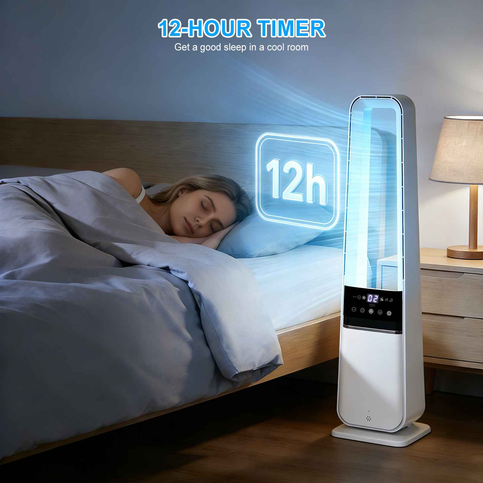 Frau schläft im Bett, ein Turmlüfter steht daneben mit einer 12-Stunden-Timer-Anzeige.