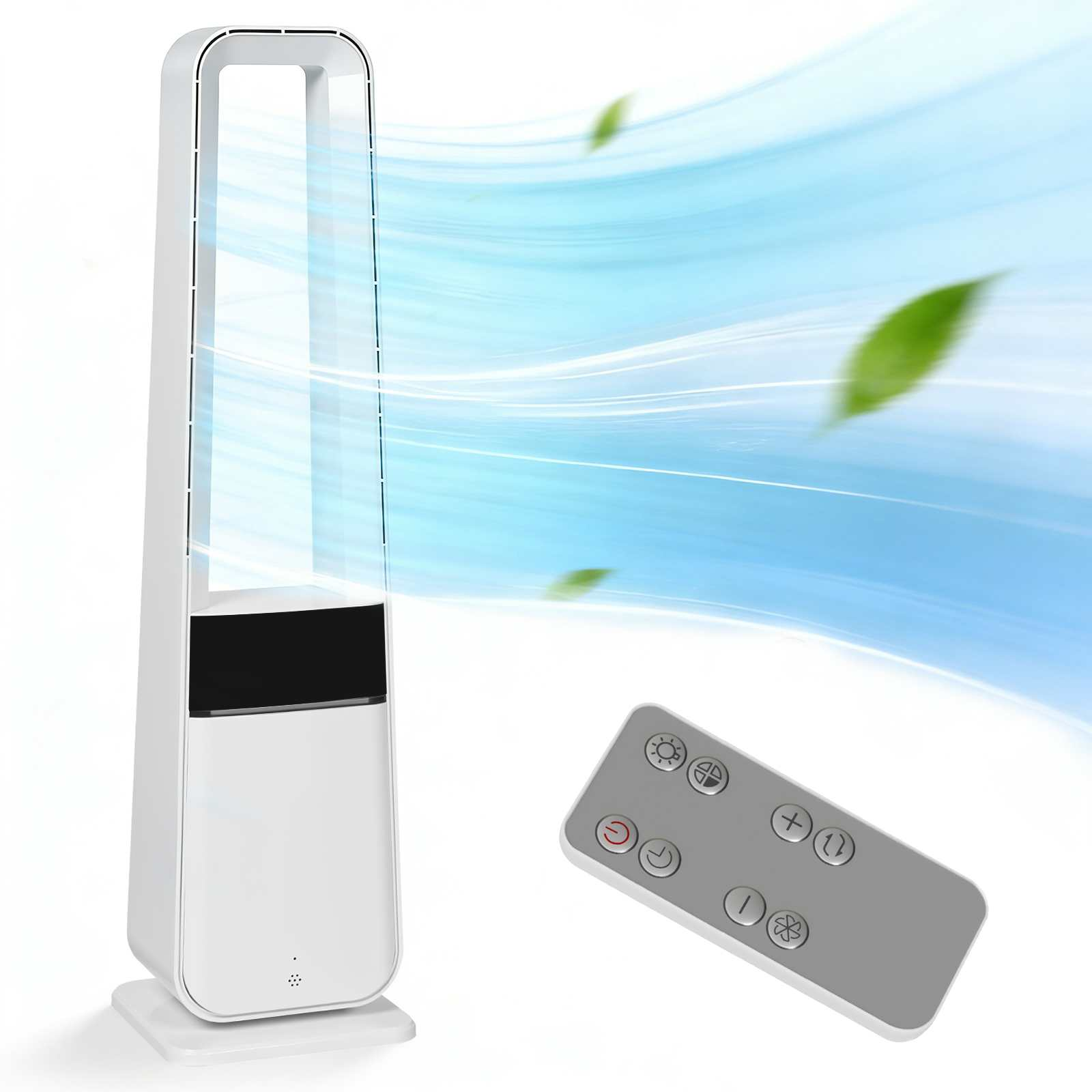 Ein weißer Turmventilator mit Fernbedienung und Luftstrom-Animation.