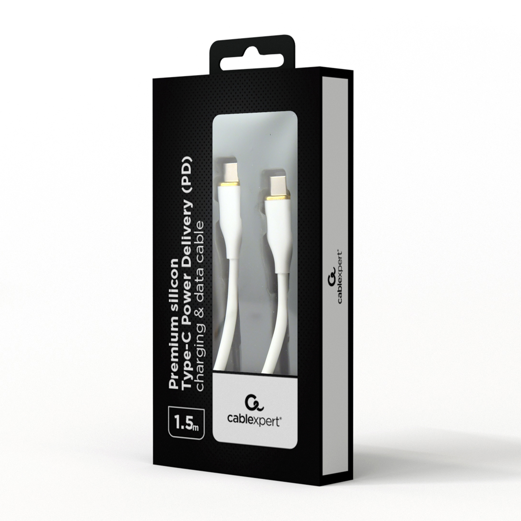 Verpackung eines weißen USB-C-Kabels von Cablexpert mit goldfarbenen Anschlüssen.