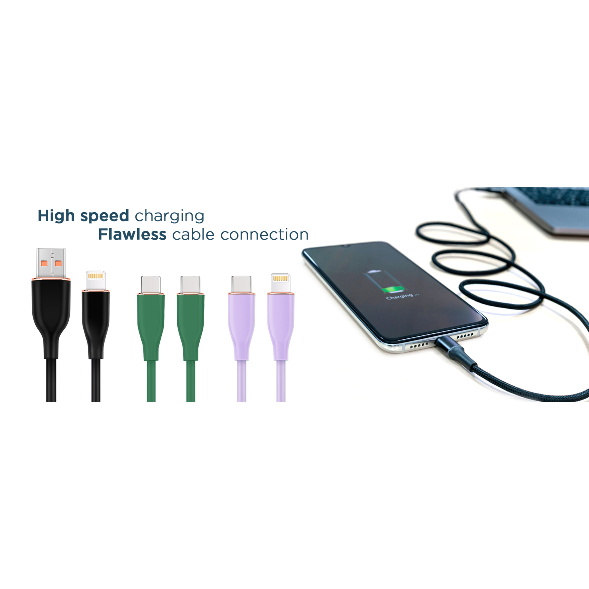 Verschiedene Ladekabel und ein Smartphone, das mit einem Laptop verbunden ist.