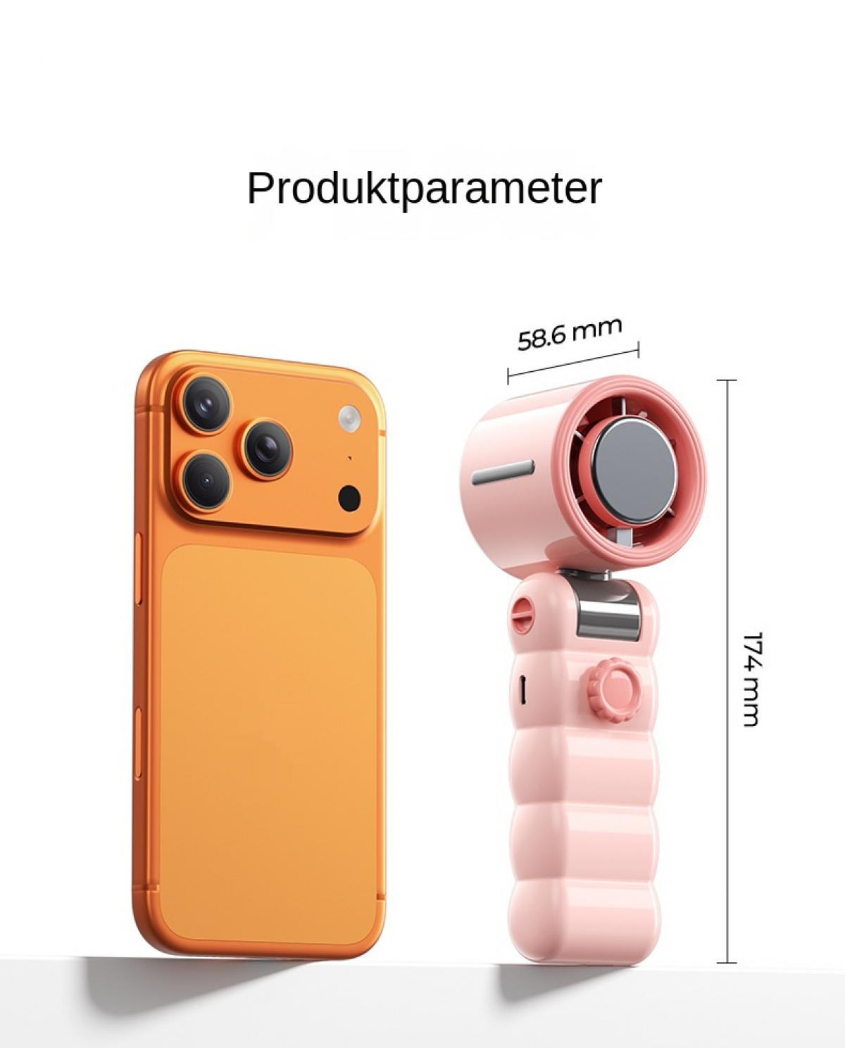 Ein oranges Smartphone und ein pinker Handventilator sind nebeneinander abgebildet. Maße sind angegeben.