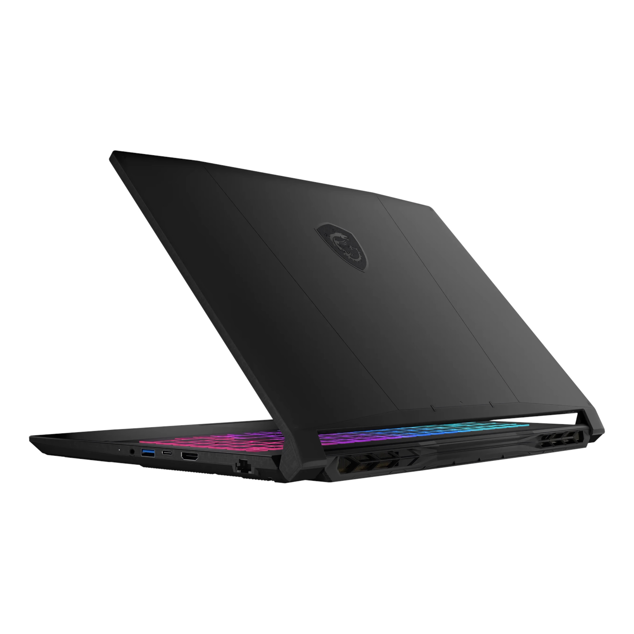 Schwarzer Laptop mit beleuchteter Tastatur und Anschlüssen an der Seite.