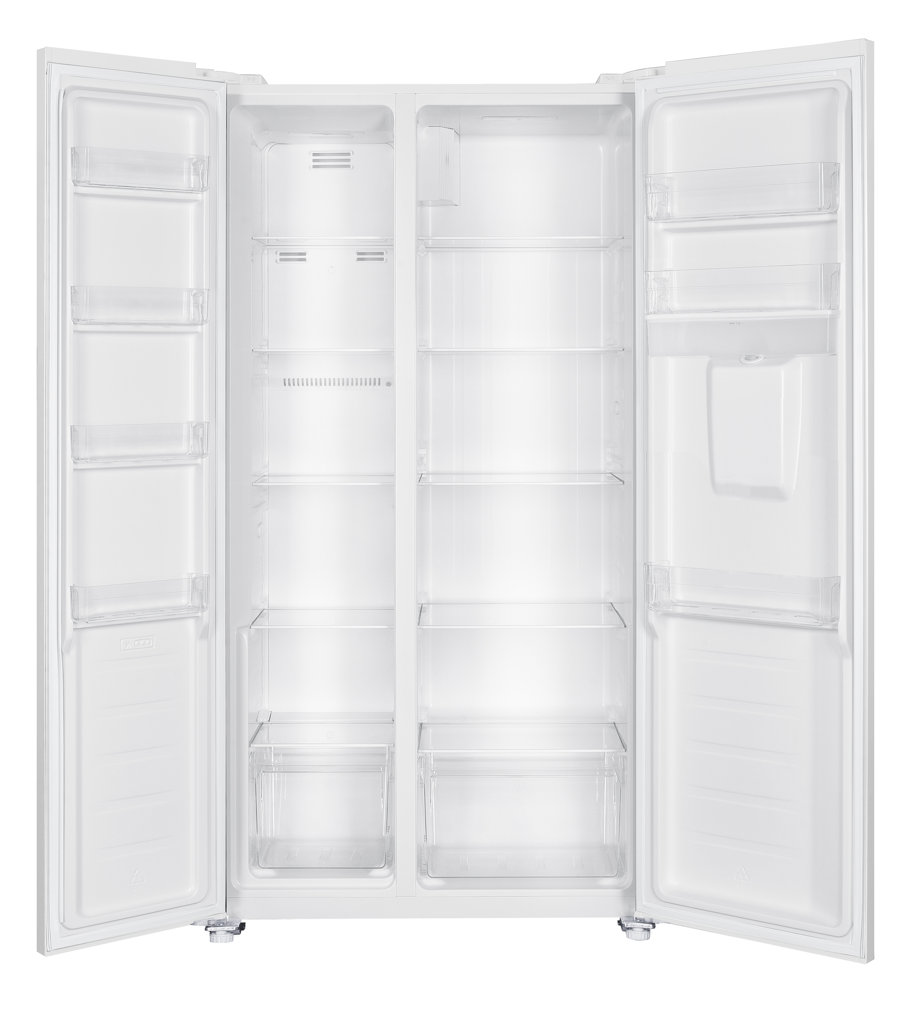 An empty white refrigerator with open doors and clear shelves.