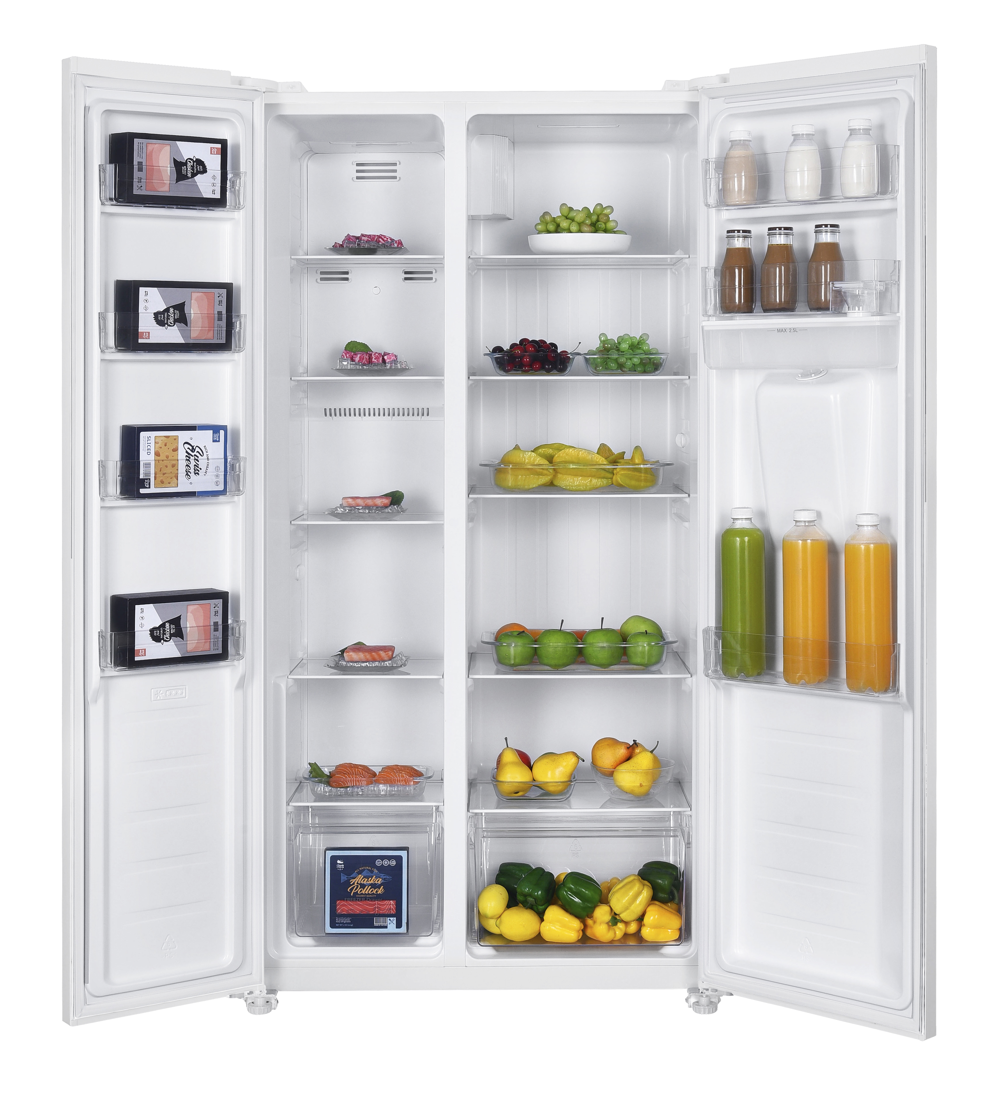 An open refrigerator filled with food: fruits, vegetables, meat, cheese, and drinks.