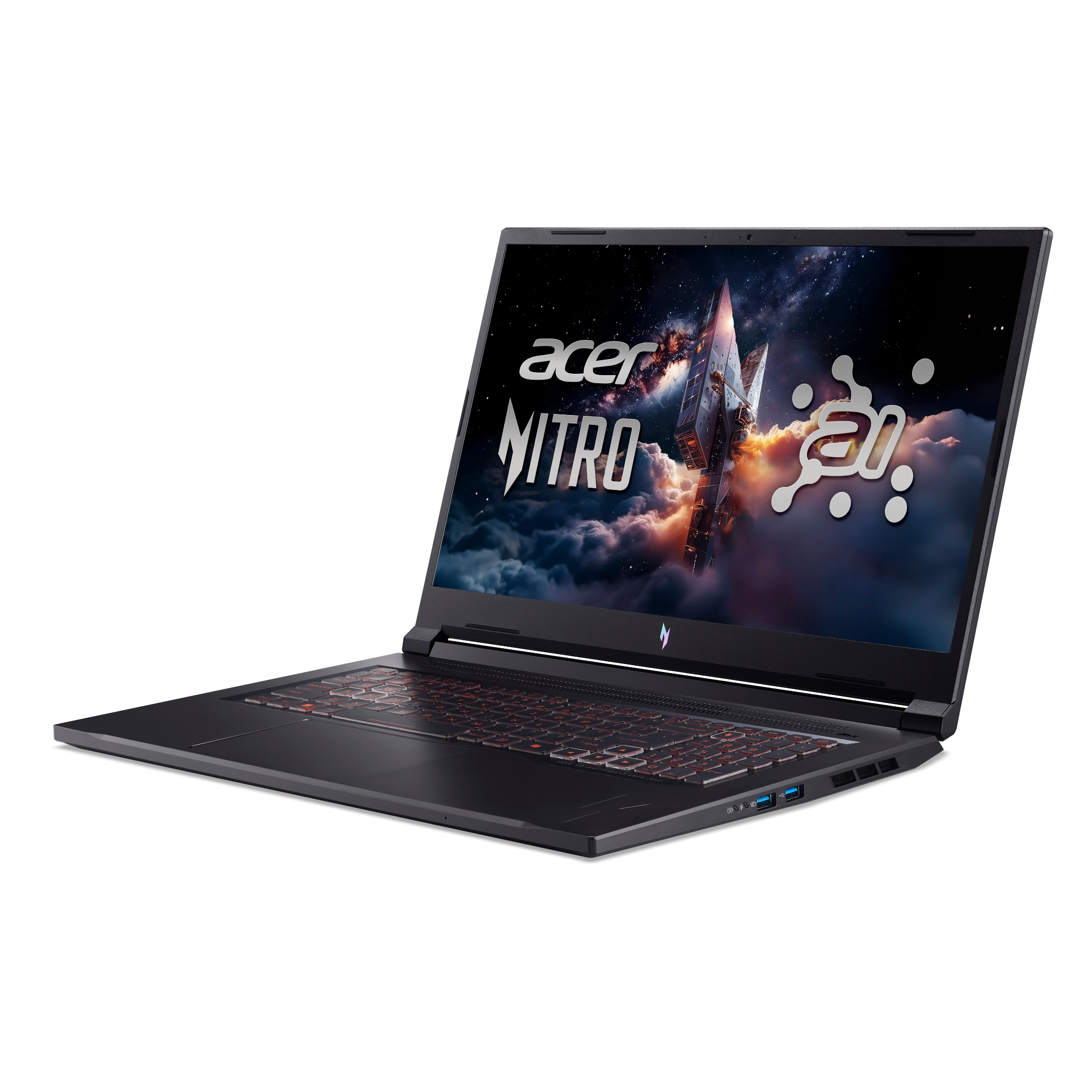 Ein schwarzer Acer Nitro Laptop mit leuchtend roten Tastaturakzenten und Weltraum-Hintergrund.