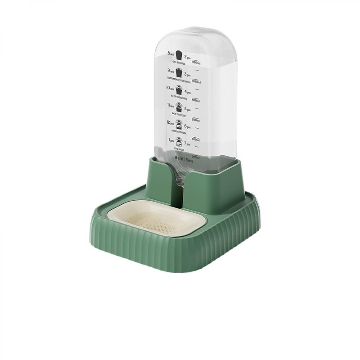 Grüner automatischer Tierfutterspender mit klarer Wasserflasche, markiert mit Zeiten und Mengen.