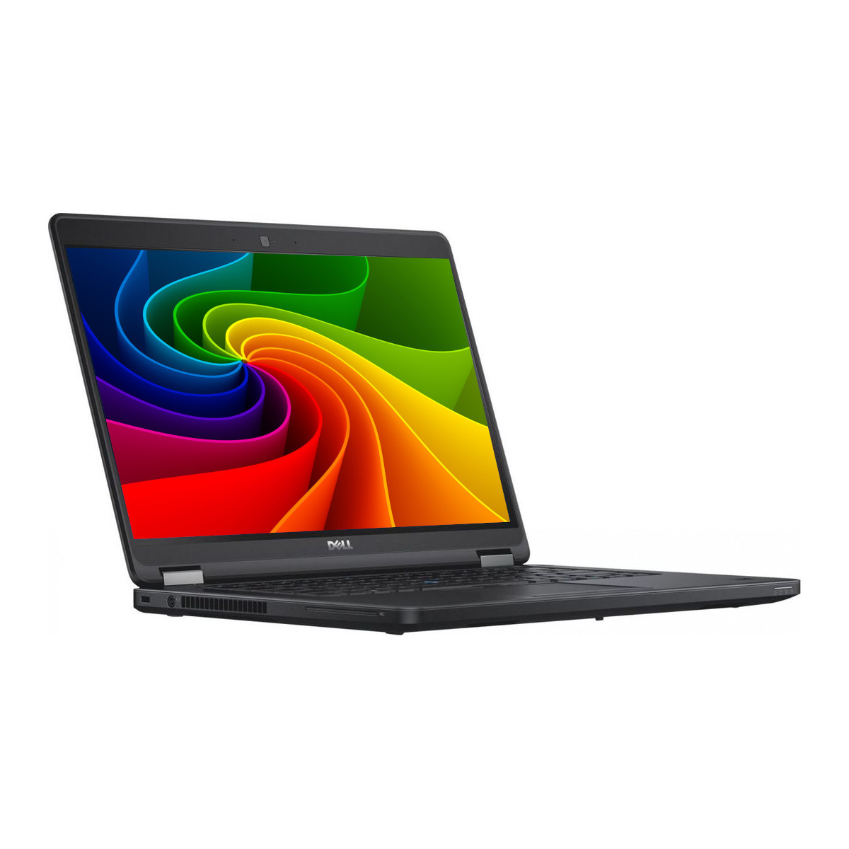 Ein schwarzer Dell Laptop mit einem bunten, wirbelnden Hintergrundbild auf dem Bildschirm.