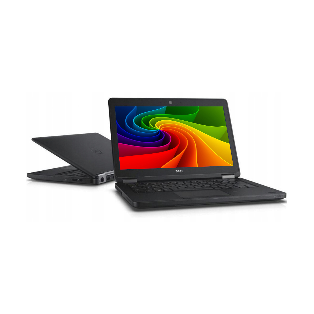 Zwei schwarze Dell-Laptops nebeneinander. Einer ist geöffnet und zeigt ein farbenfrohes Hintergrundbild.