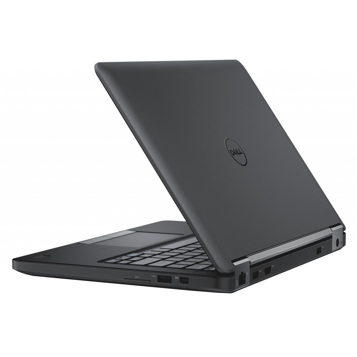 Ein geschlossener, dunkler Dell Laptop mit eingeschalteter Tastatur und Touchpad.