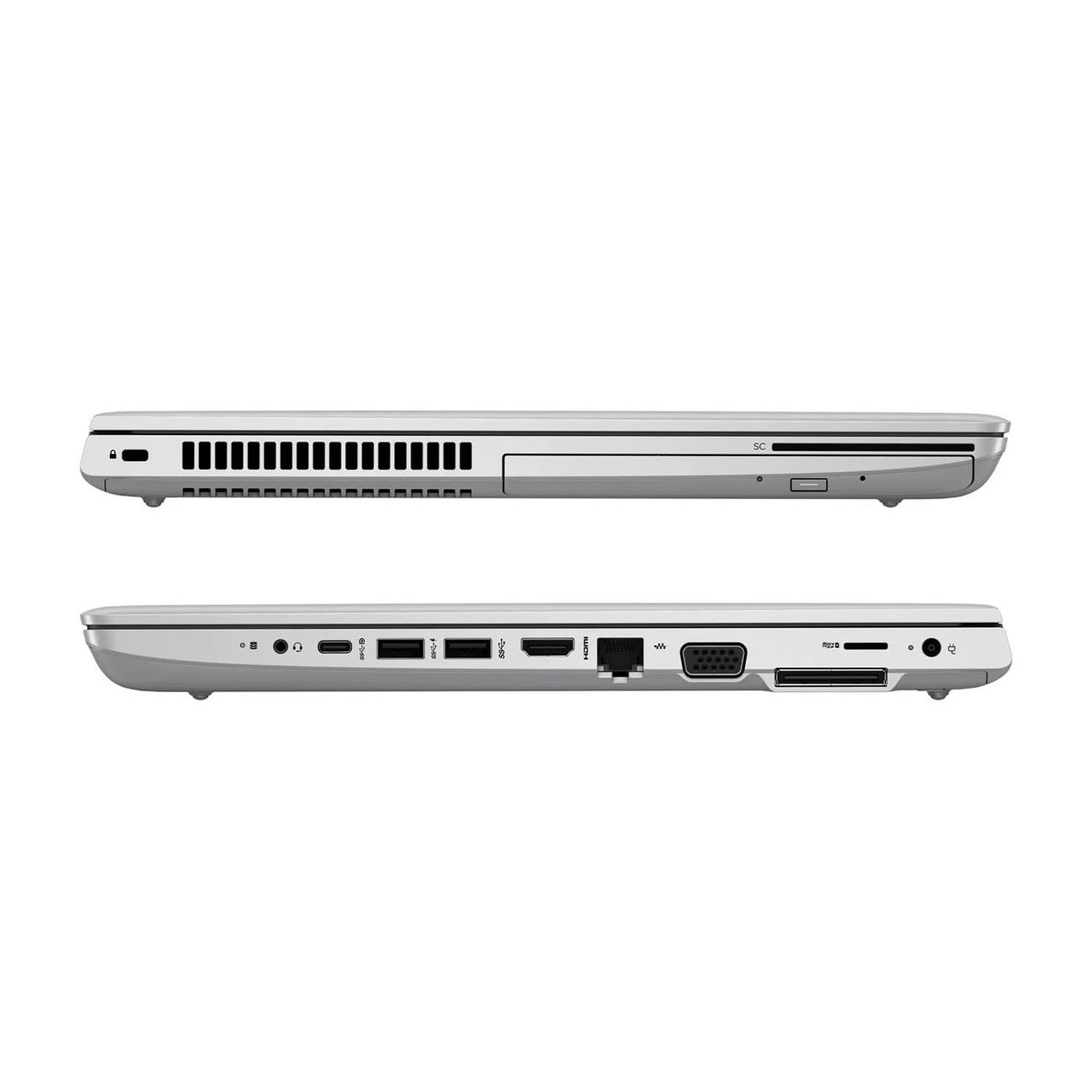 Zwei Ansichten eines silbernen Laptops mit Anschlüssen und Lüftungsschlitzen.