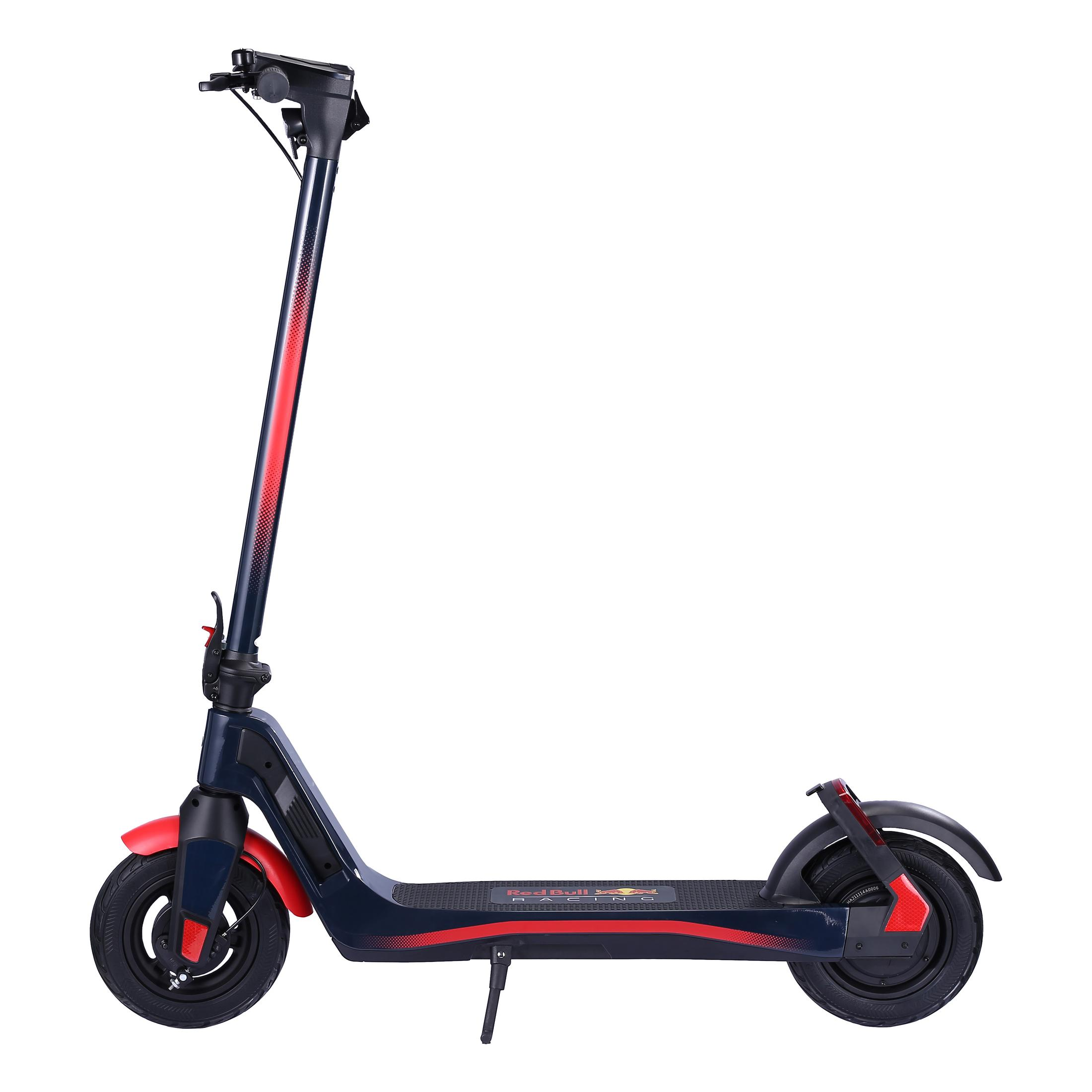 Ein dunkelblauer E-Scooter mit roten Akzenten und "Red Bull Racing"-Logo.
