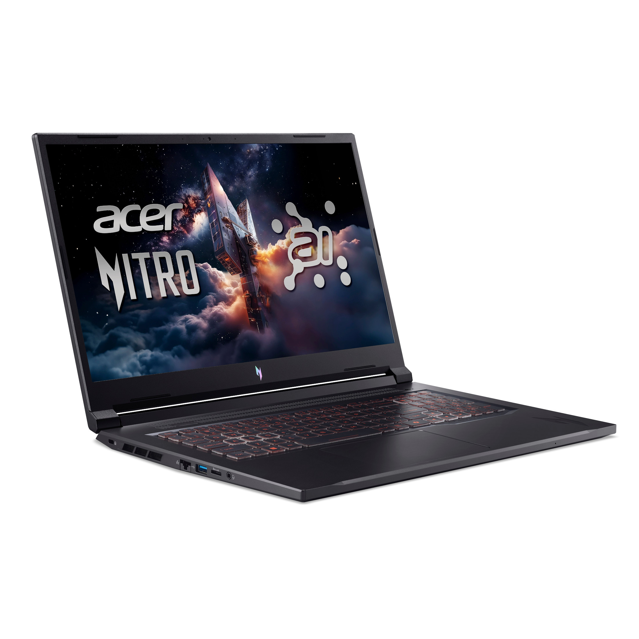 Schwarzer Acer Nitro Laptop mit beleuchteter Tastatur und Weltraum-Thema auf dem Bildschirm.