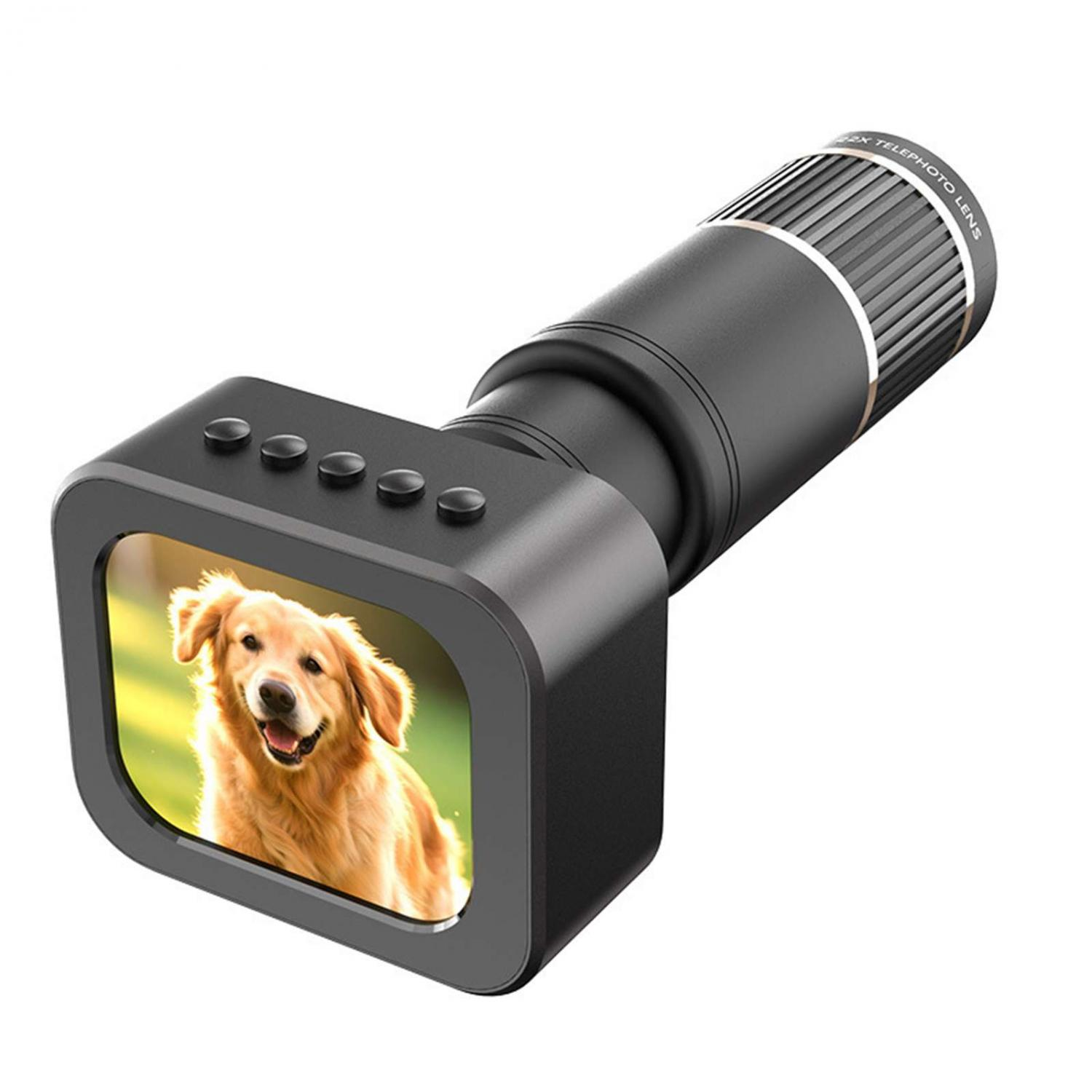 Ein schwarzes Teleobjektiv mit einem Bildschirm, der einen goldenen Retriever zeigt.