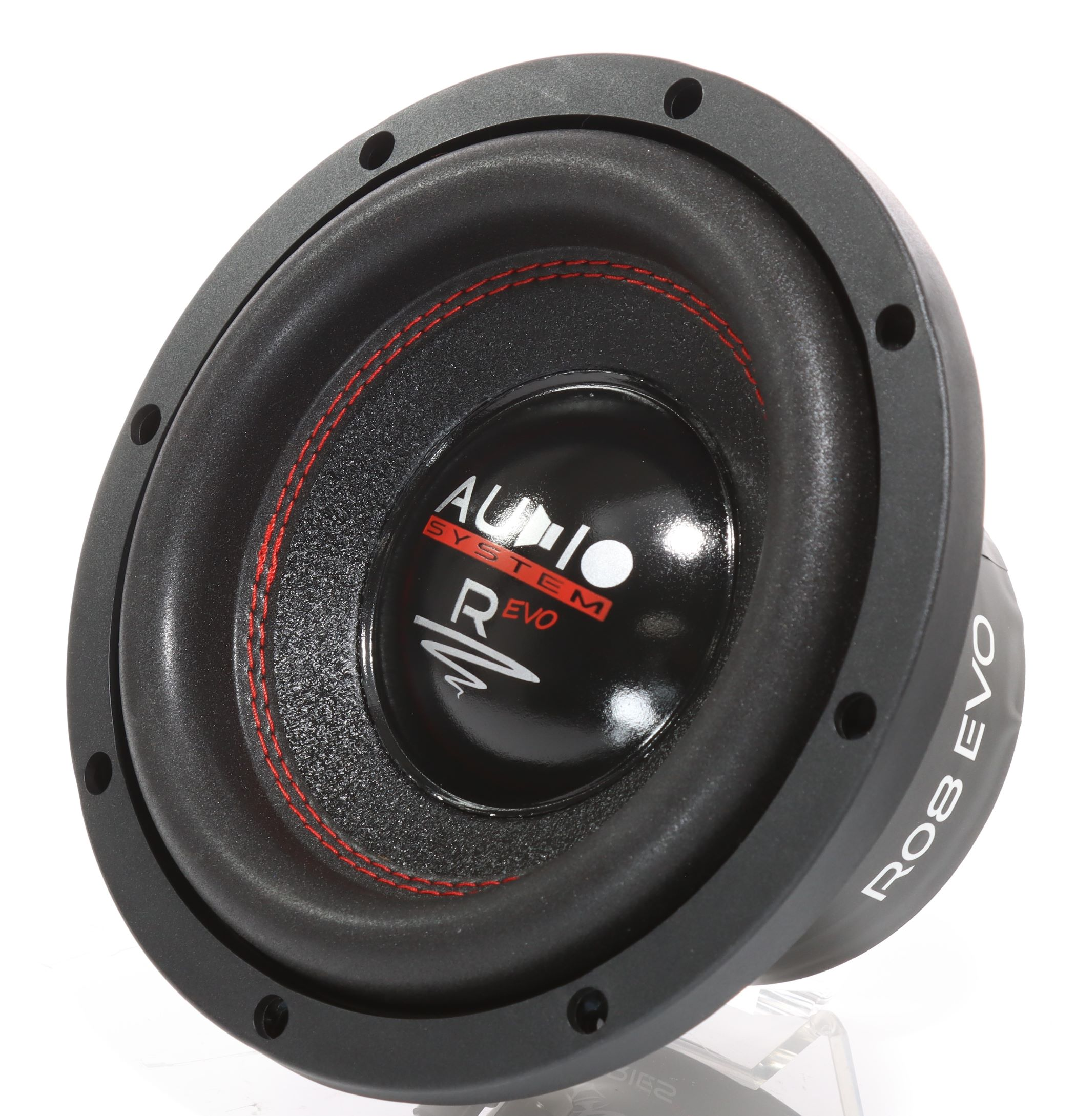 Schwarzer Subwoofer mit roter Naht und "AUDIO