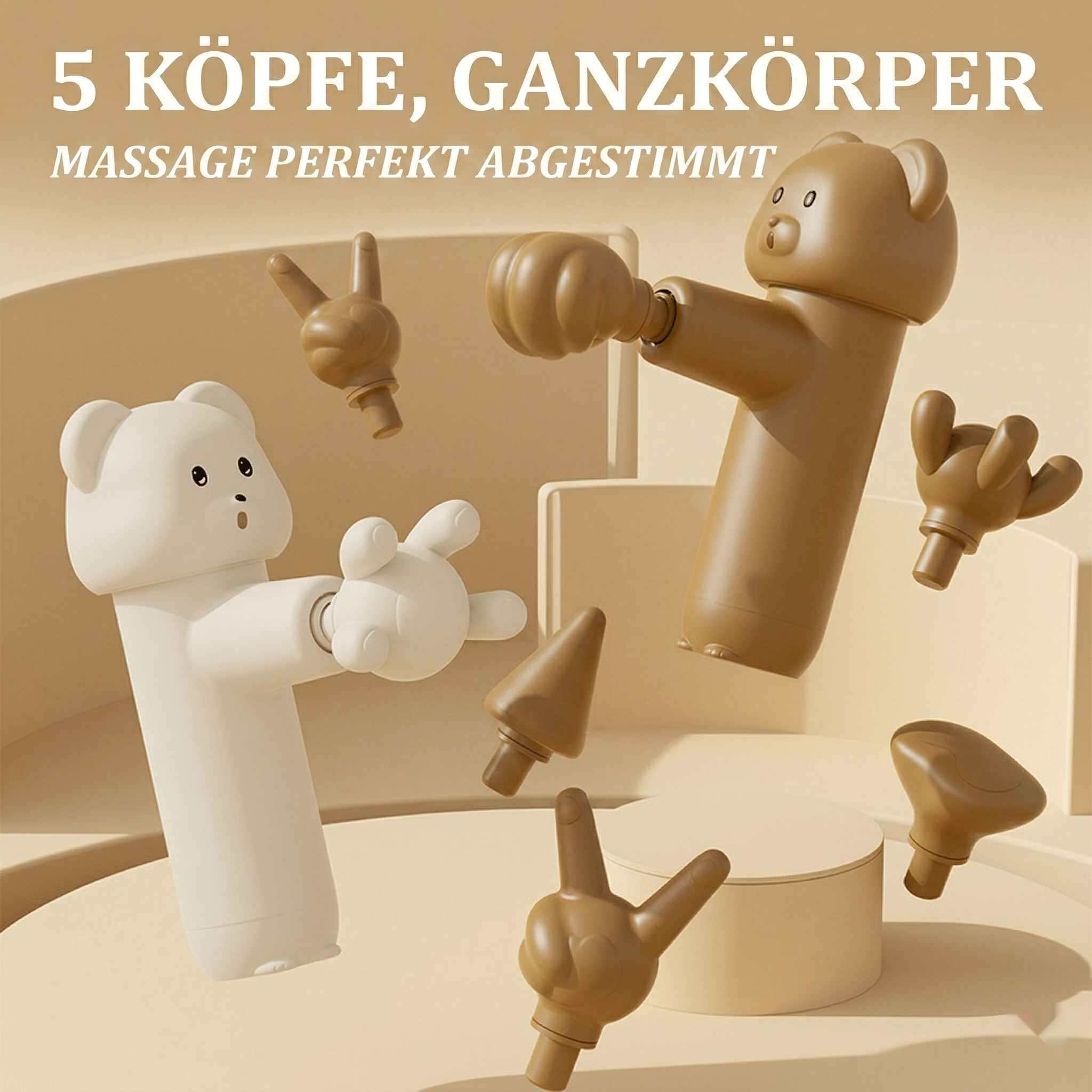 Zwei bärenförmige Massagegeräte, eins weiß, eins braun, mit austauschbaren Köpfen.