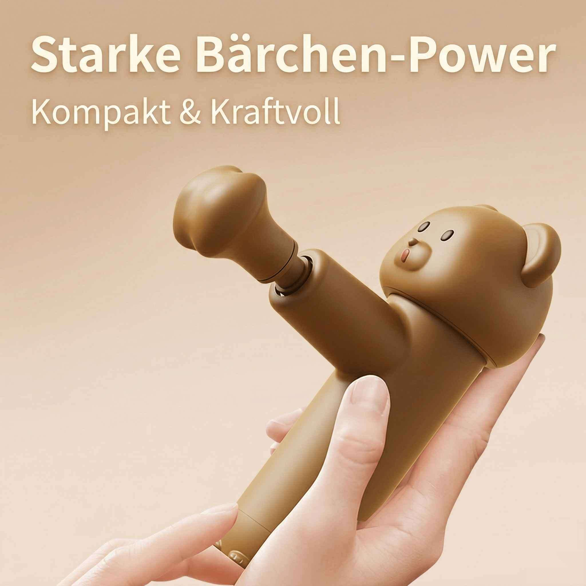 Braune Teddybär-förmige Handauflage mit ausfahrbarem Griff auf hellem Hintergrund.