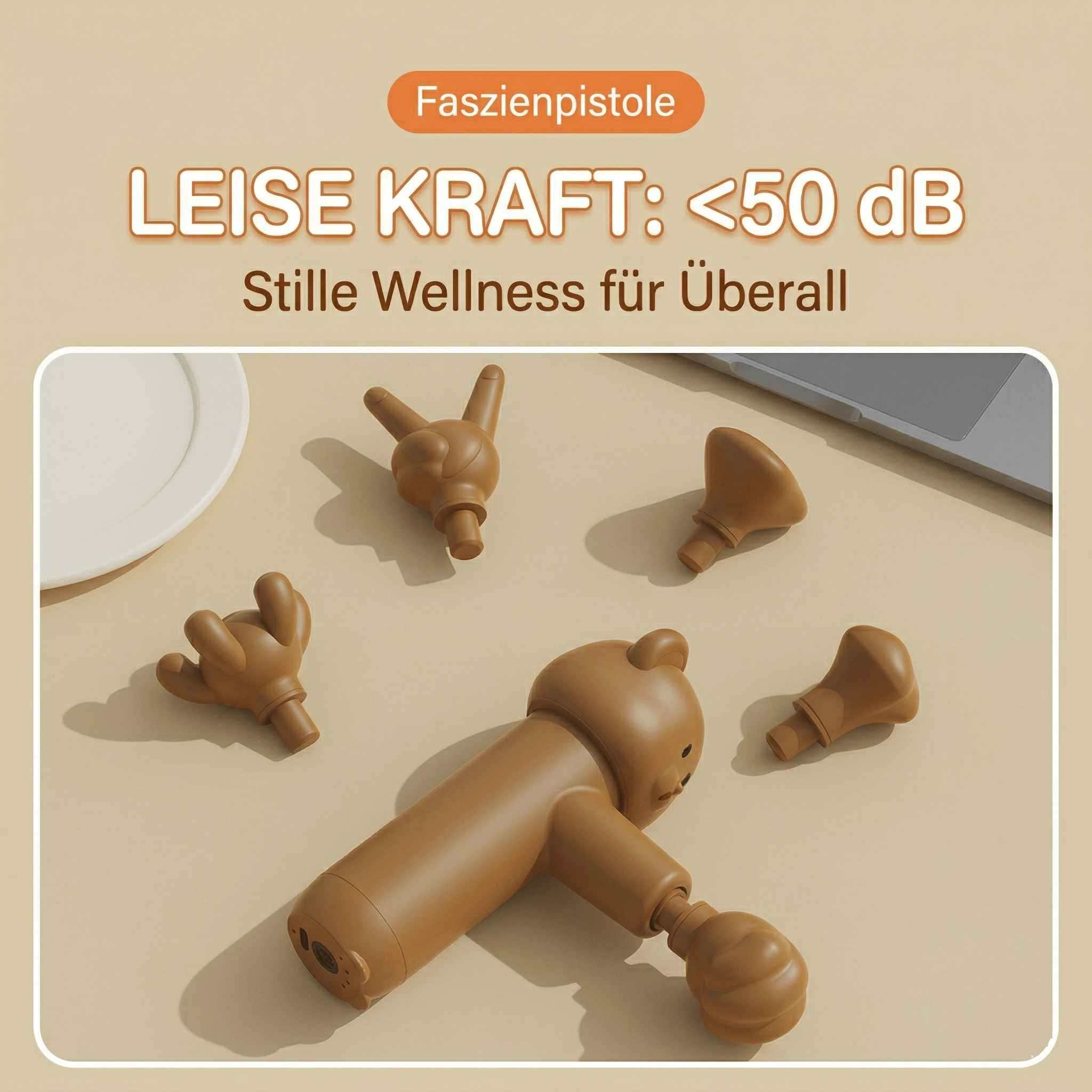 Ein brauner Massagegriff mit Aufsätzen, darunter Hand- und Bärenformen.
