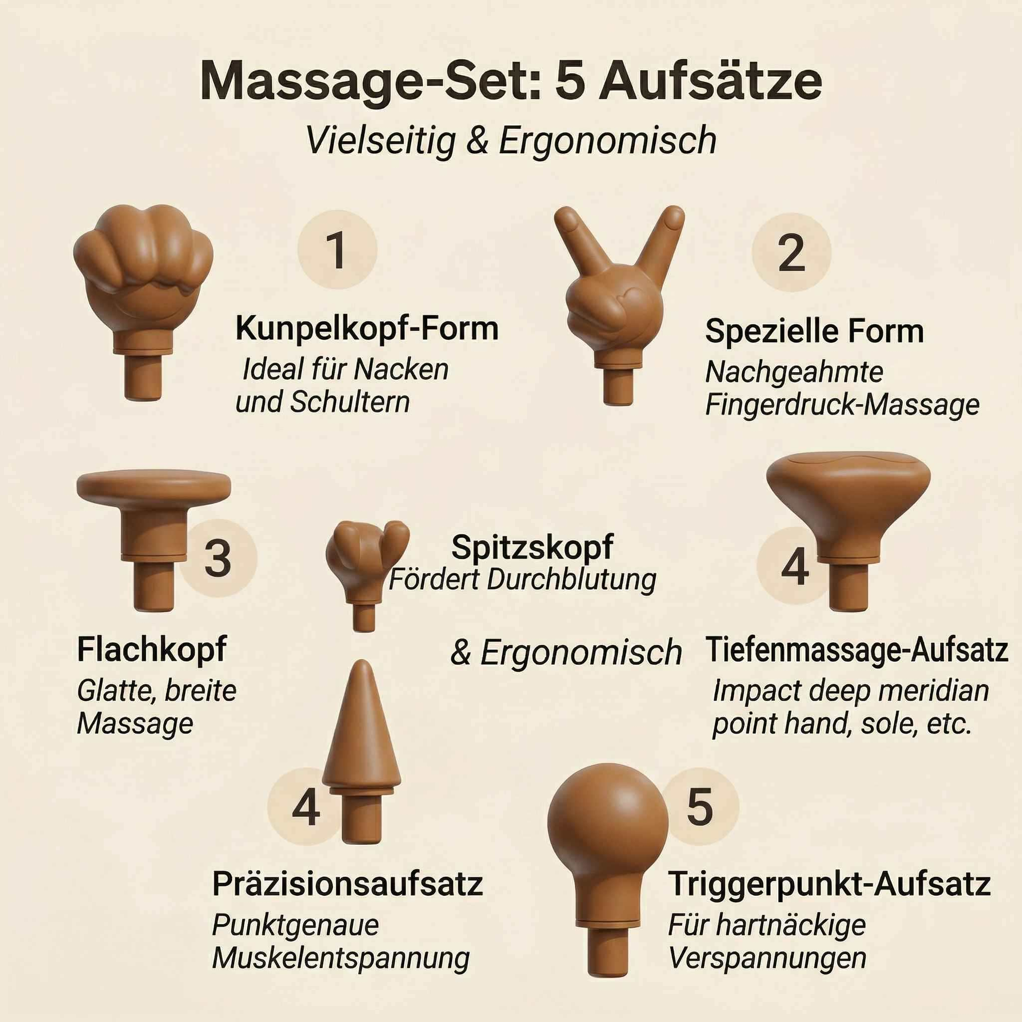 Massage-Set mit 5 braunen Aufsätzen: Faust, V, Flach, Kegel, Kugel.