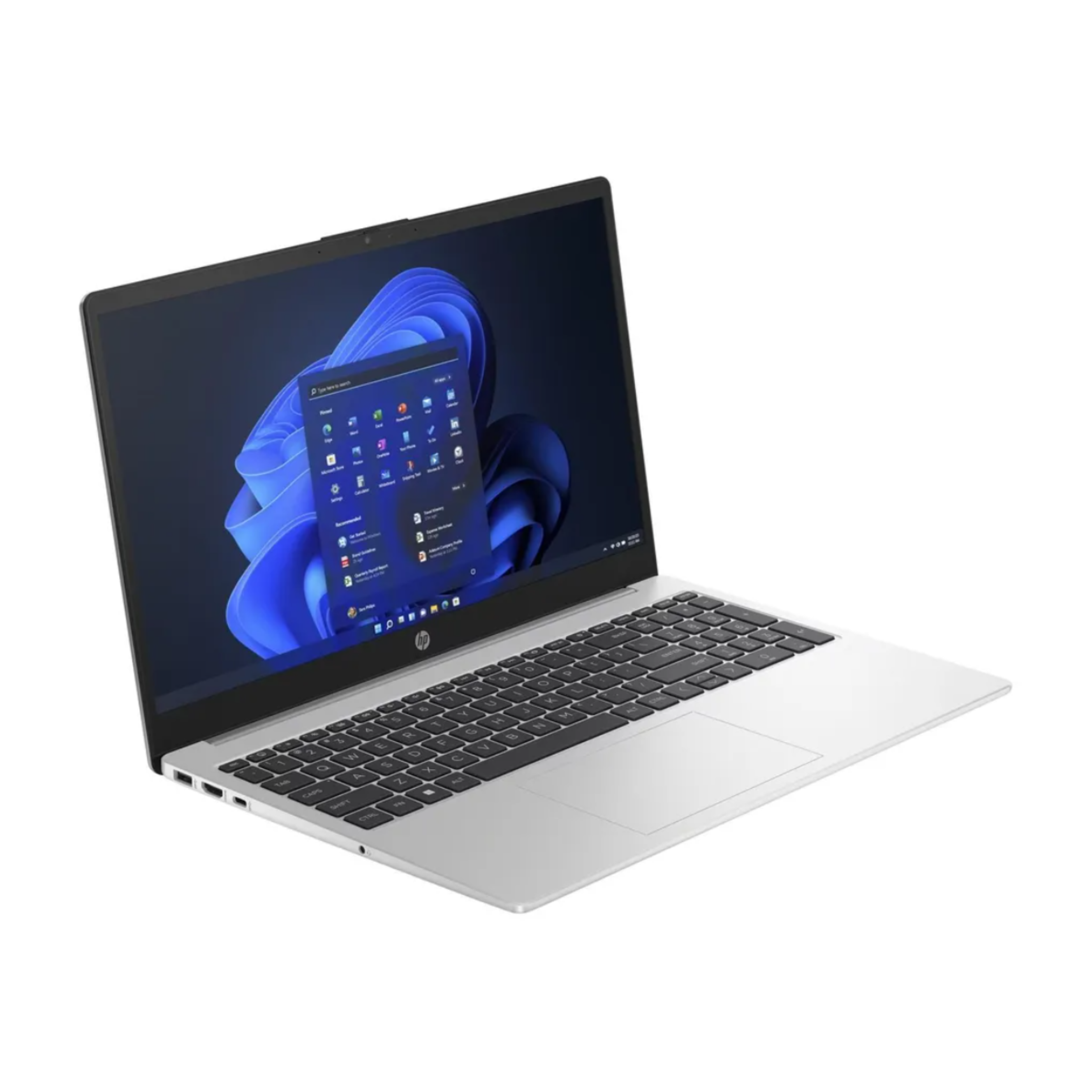 Ein silberner Laptop mit geöffnetem Bildschirm, auf dem Windows 11 läuft.