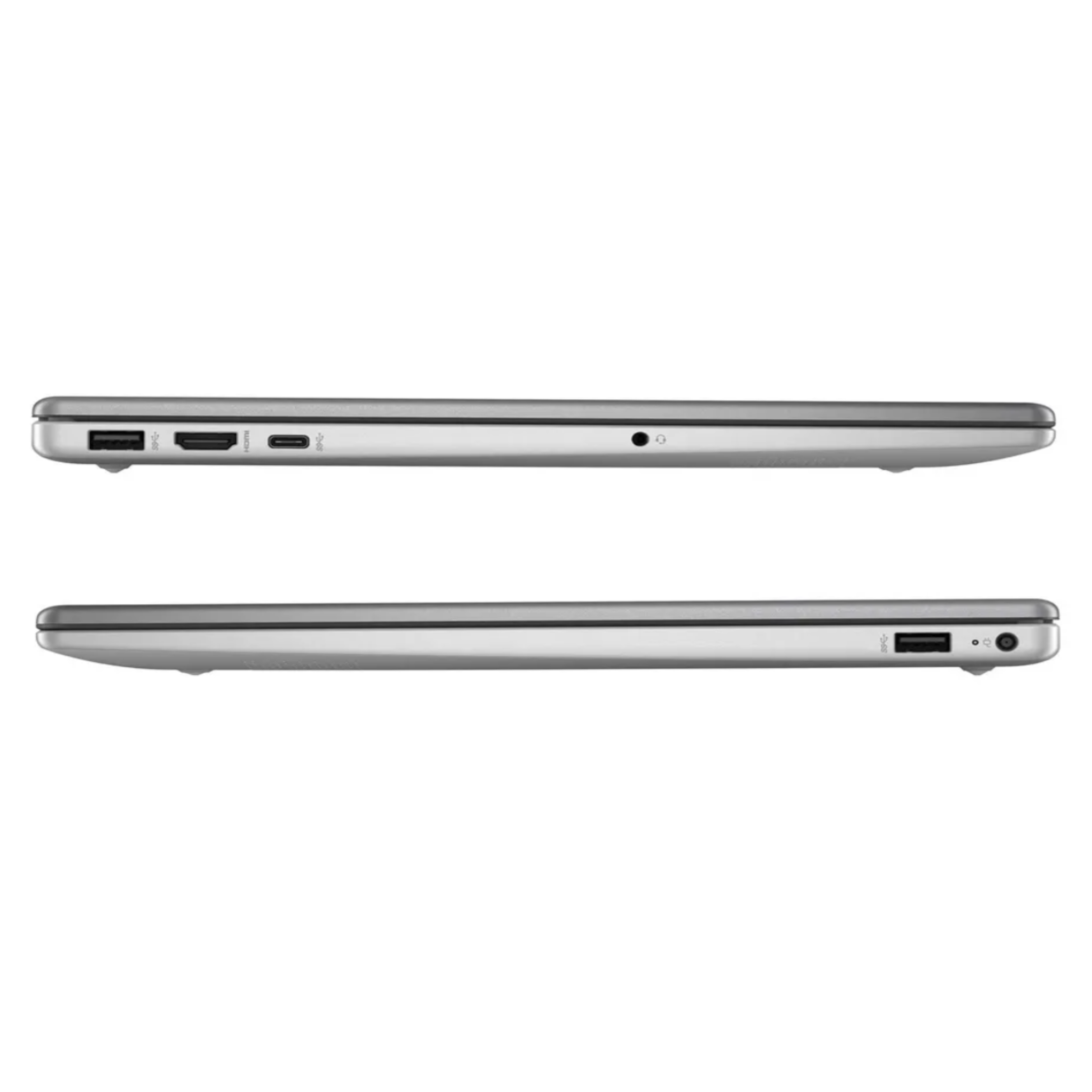 Silbernes Laptop mit zwei Seitenansichten. Anschlüsse wie USB, HDMI, USB-C und Kopfhörerbuchse.