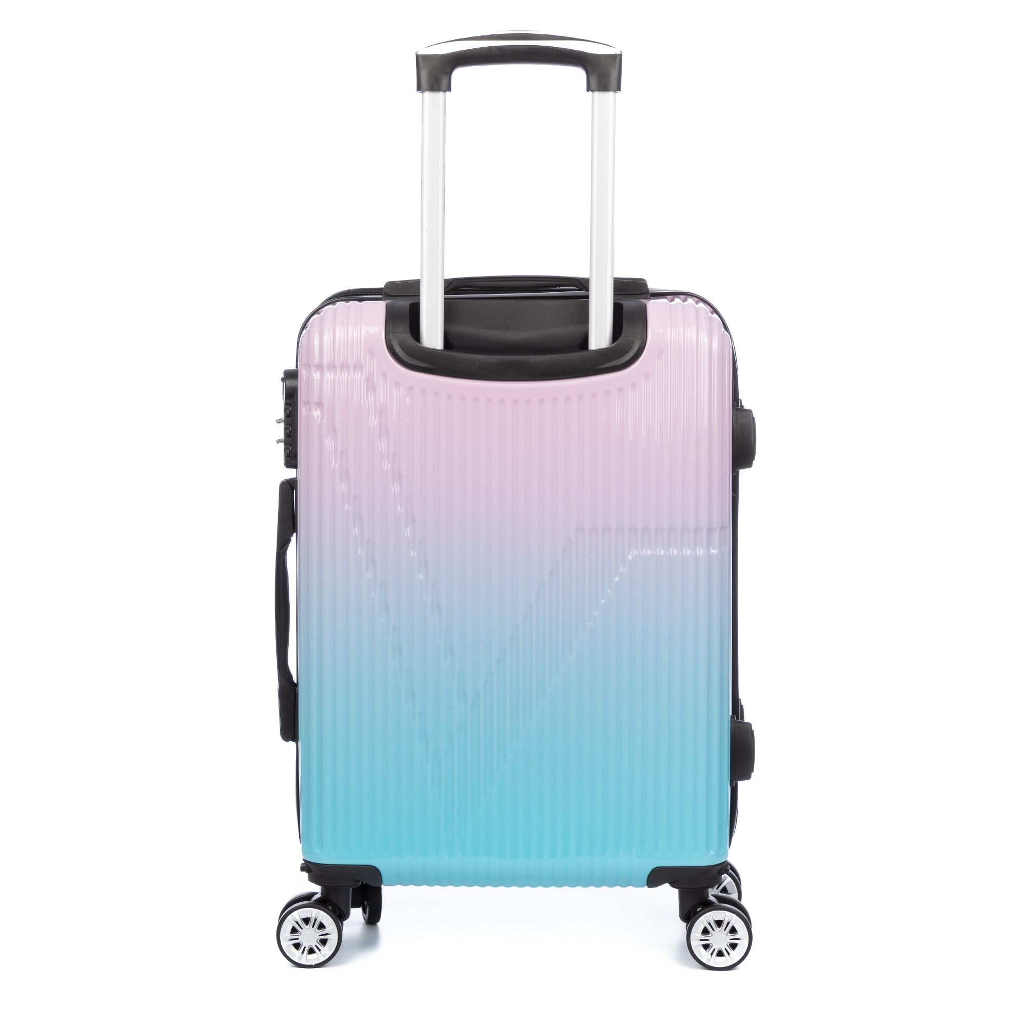 Un trolley con sfumatura rosa e turchese, manico retrattile e ruote.