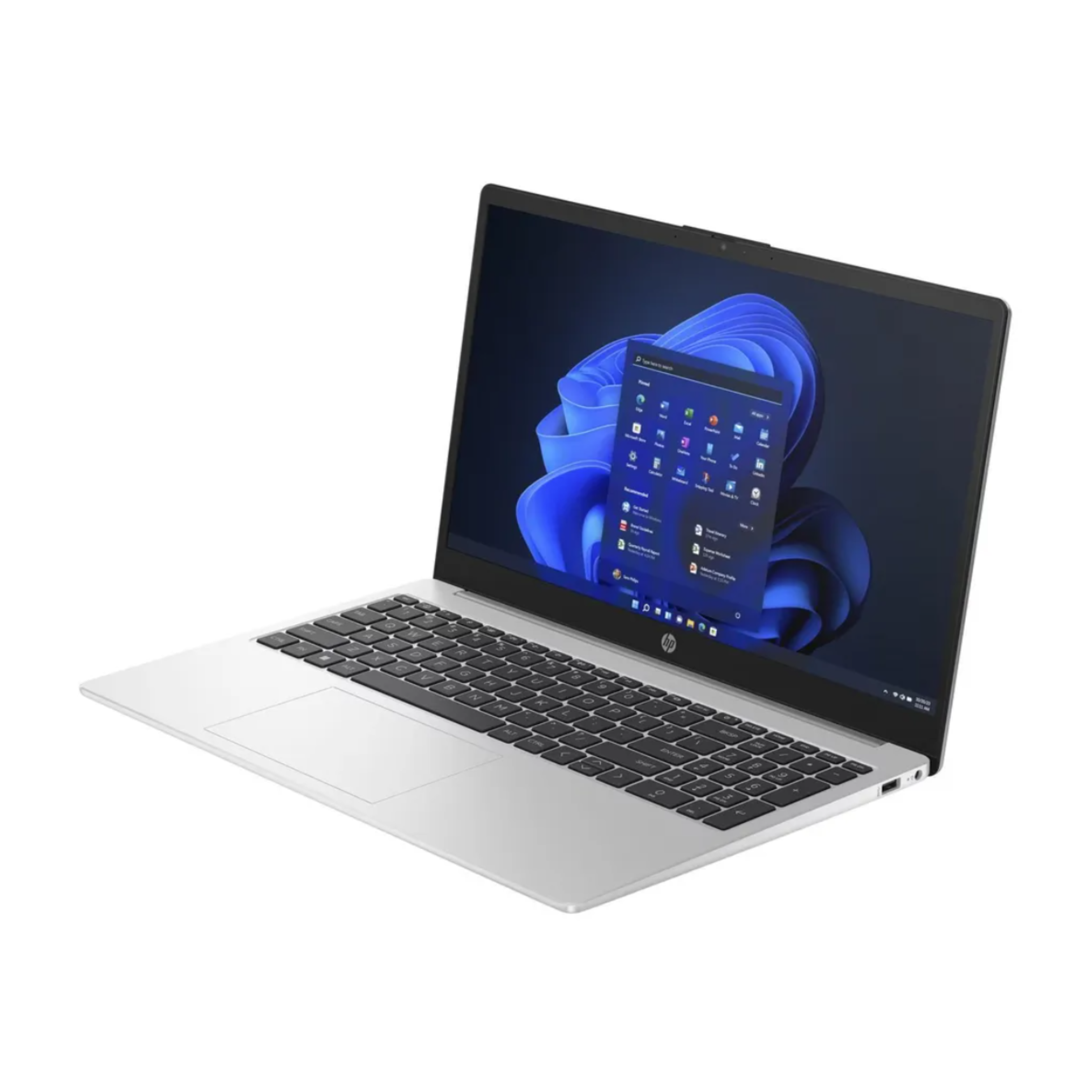 Ein silberner Laptop mit geöffnetem Bildschirm, auf dem Windows 11 läuft.