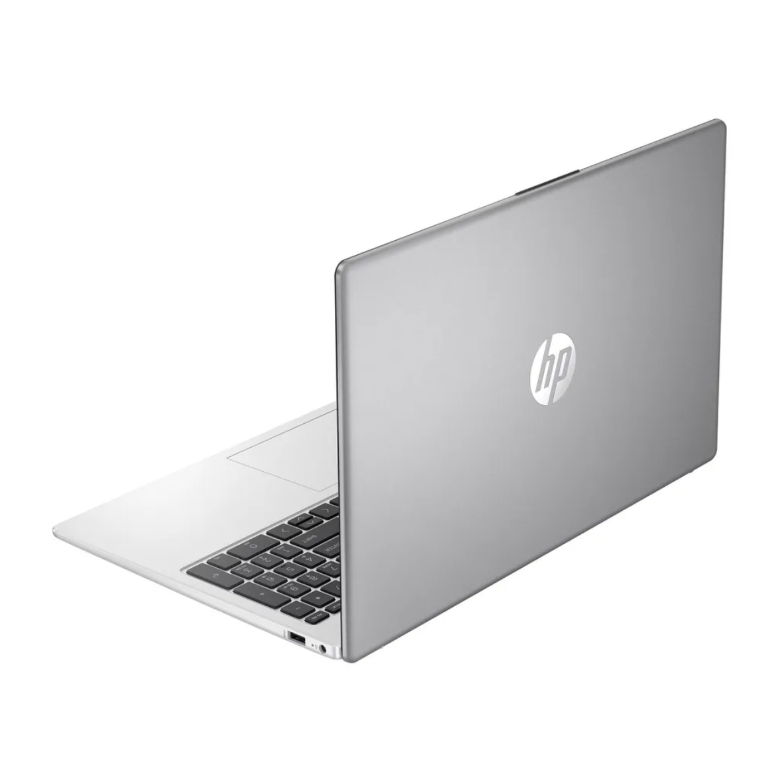 Ein silberner HP Laptop mit geöffnetem Bildschirm und Tastatur.