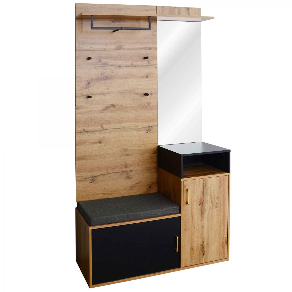 Garderobe mit Bank, Spiegel, Haken und Schrank. Holz- und schwarze Optik.
